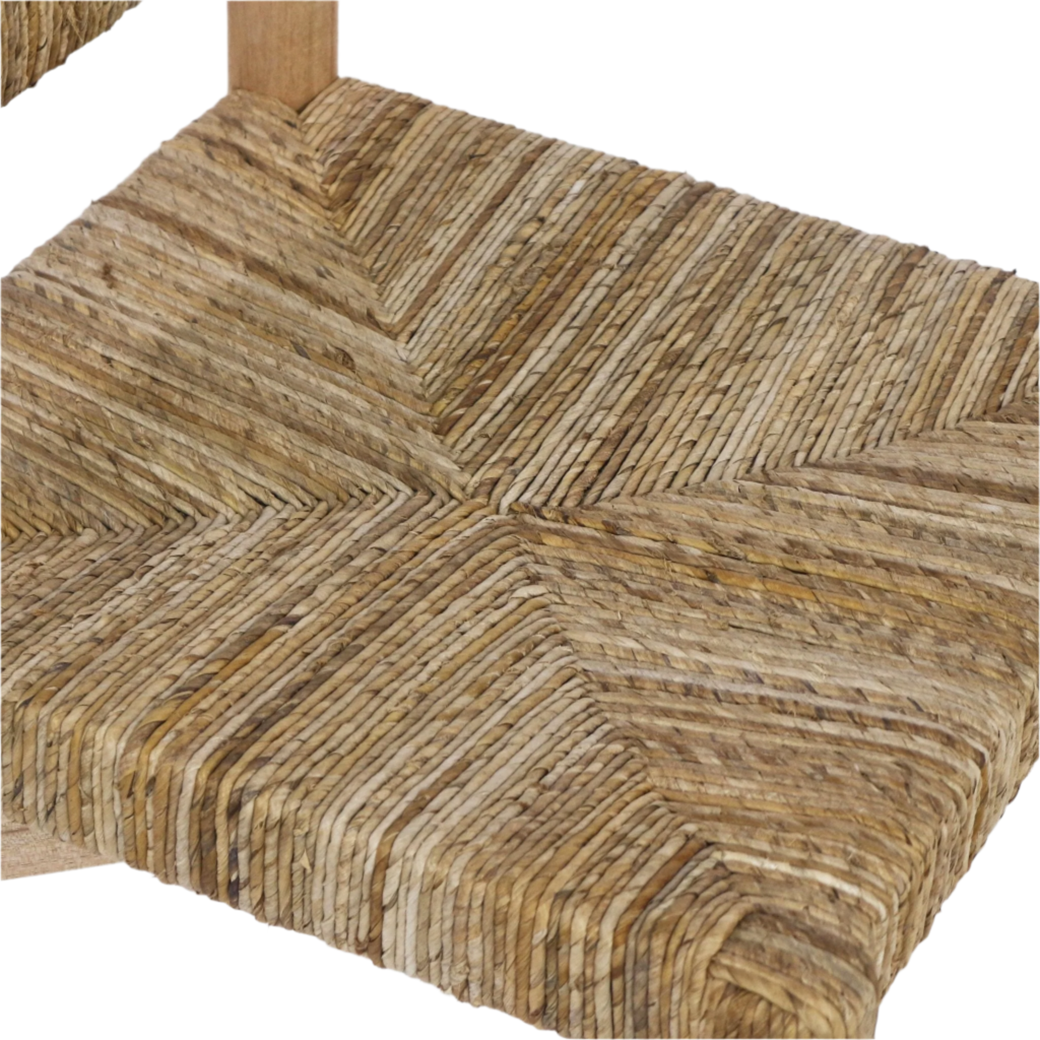 Close-up of a woven seagrass dining chair seat in natural tan and golden tones showing a diagonal herringbone pattern and a visible teak frame corner in a coastal rustic style.