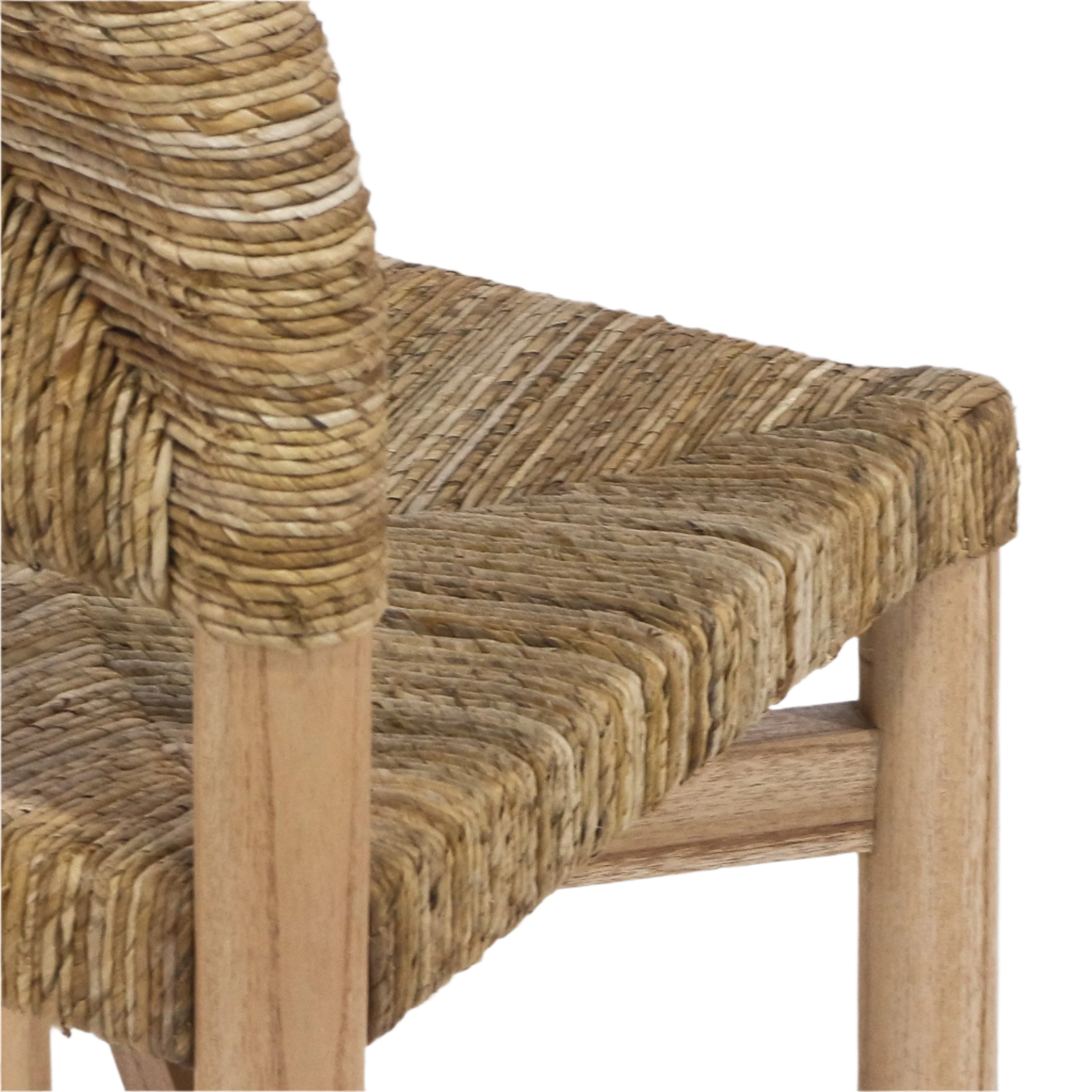 Close-up of a natural seagrass woven seat and wrapped seagrass backrest on a teak dining chair, highlighting the textured weave and light teak legs.