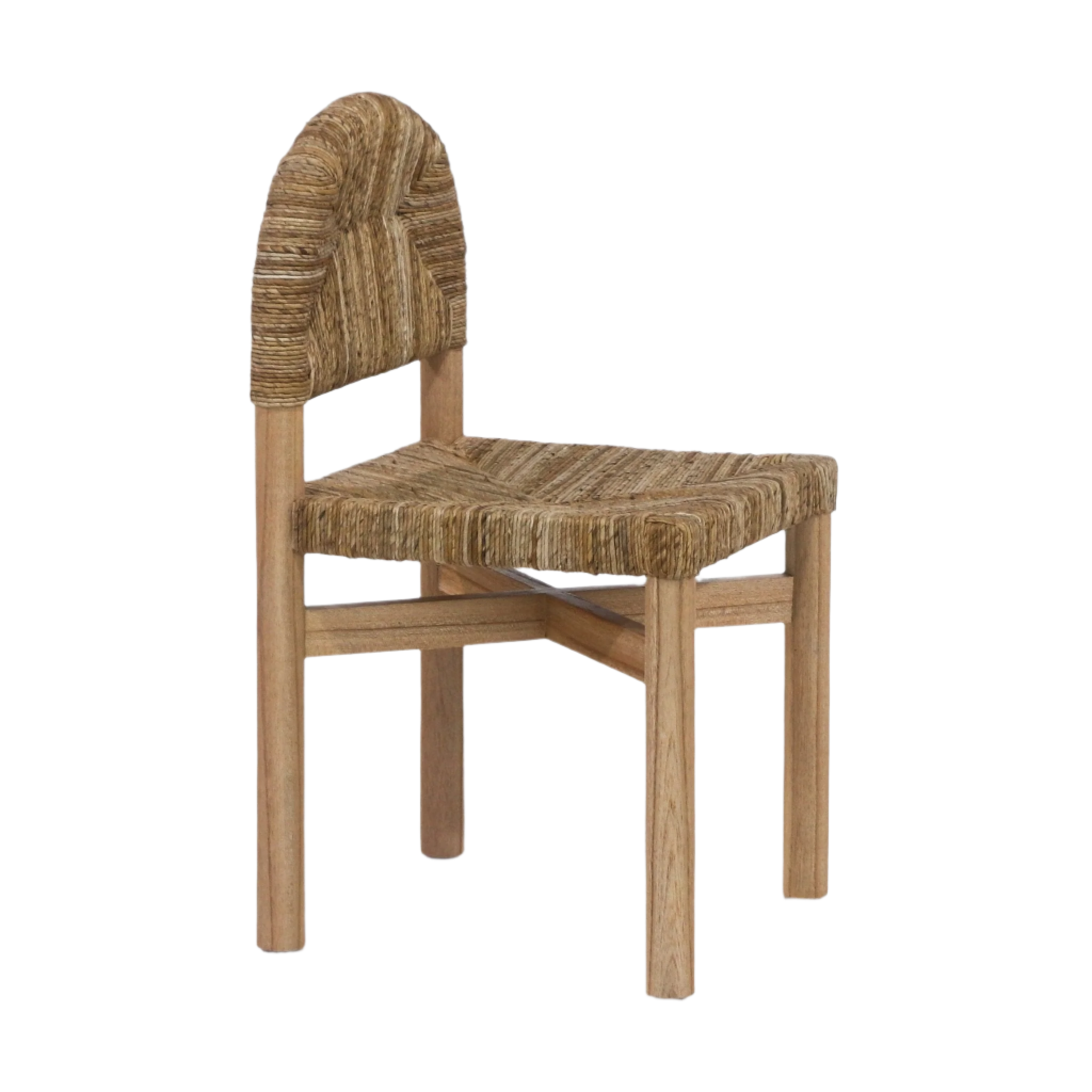 Armless dining chair with a solid teak frame and woven seagrass seat and rounded seagrass back in natural beige tones, featuring straight legs and an X-style stretcher for coastal rustic style.