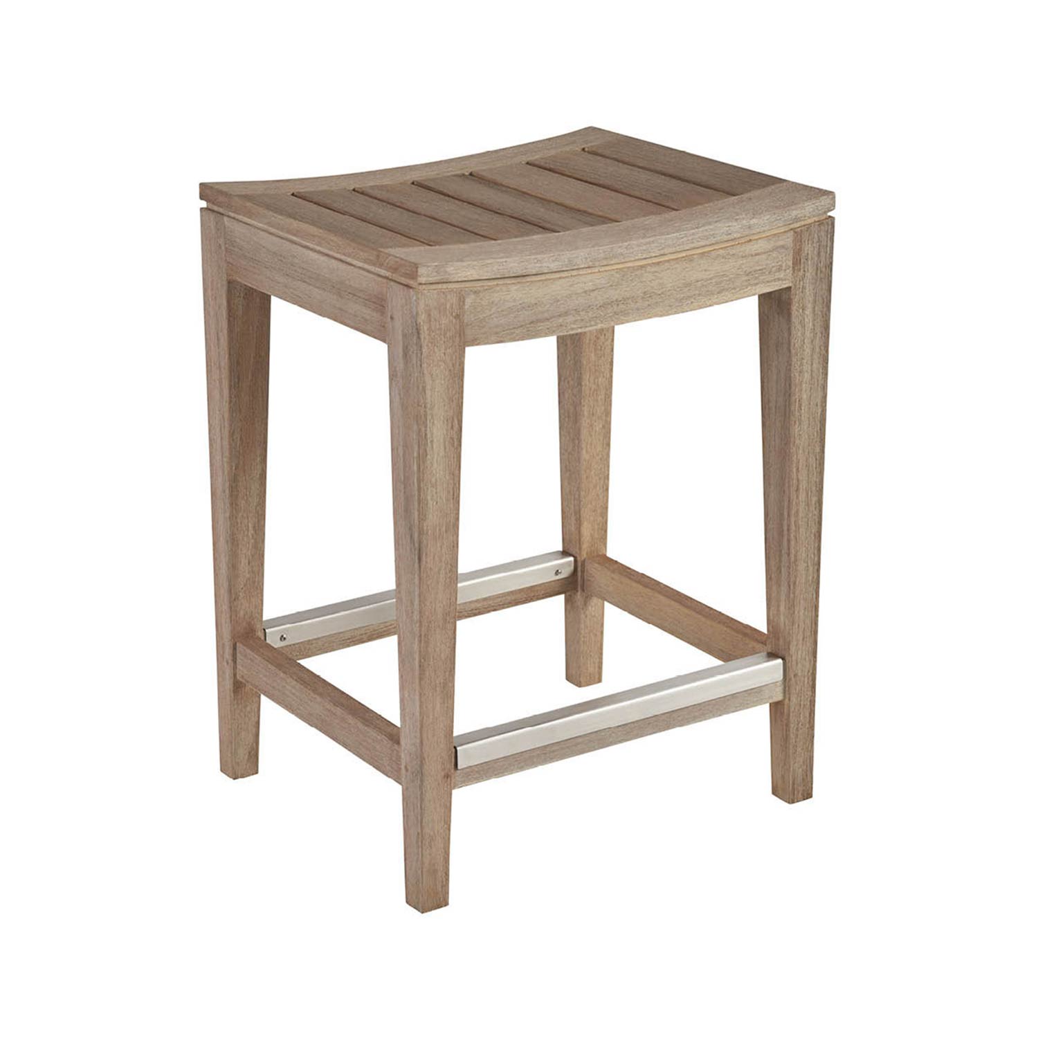 Backless counter-height outdoor bar stool in natural teak with a gently curved slatted seat, tapered square legs and metal footrest guards; solid wood coastal design for patio or outdoor bar seating.