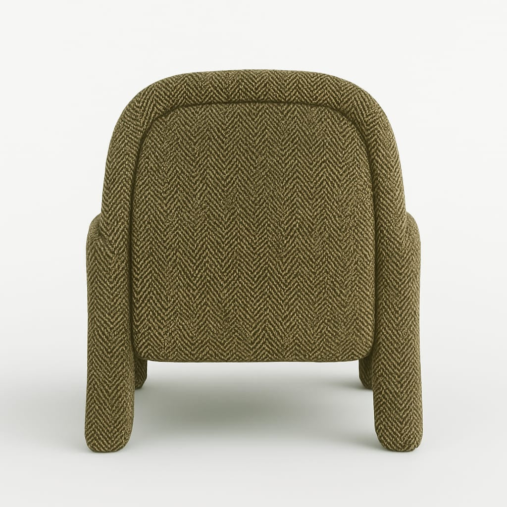 Rear view of a modern olive-green accent chair upholstered in chevron wool, showing a rounded full back, integrated curved arms and fabric-wrapped short legs.