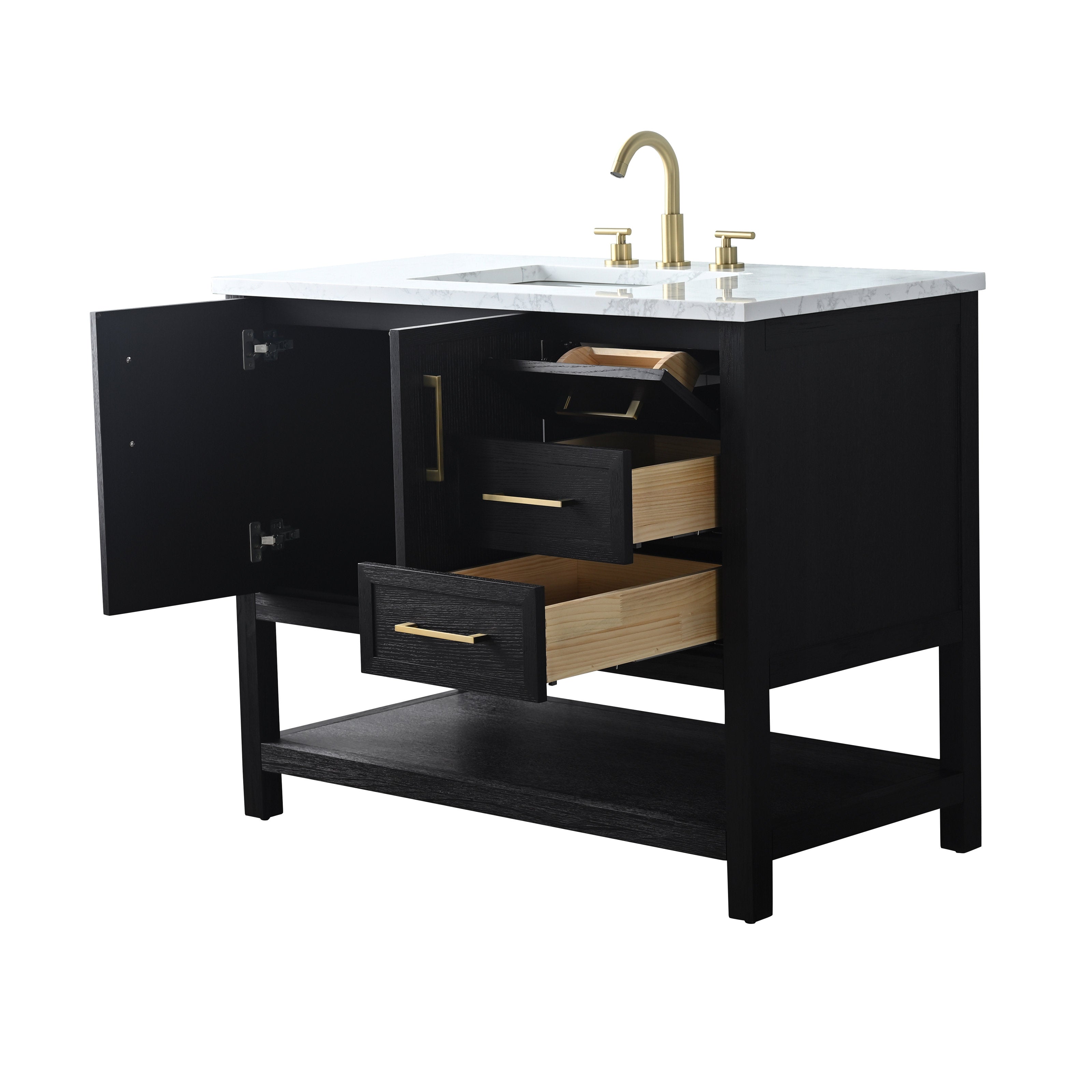 Freestanding black solid-wood single-sink bathroom vanity with white marble stone top, brass faucet and handles; cabinet door and two pull-out wooden drawers open to reveal natural wood interiors and a lower open shelf.