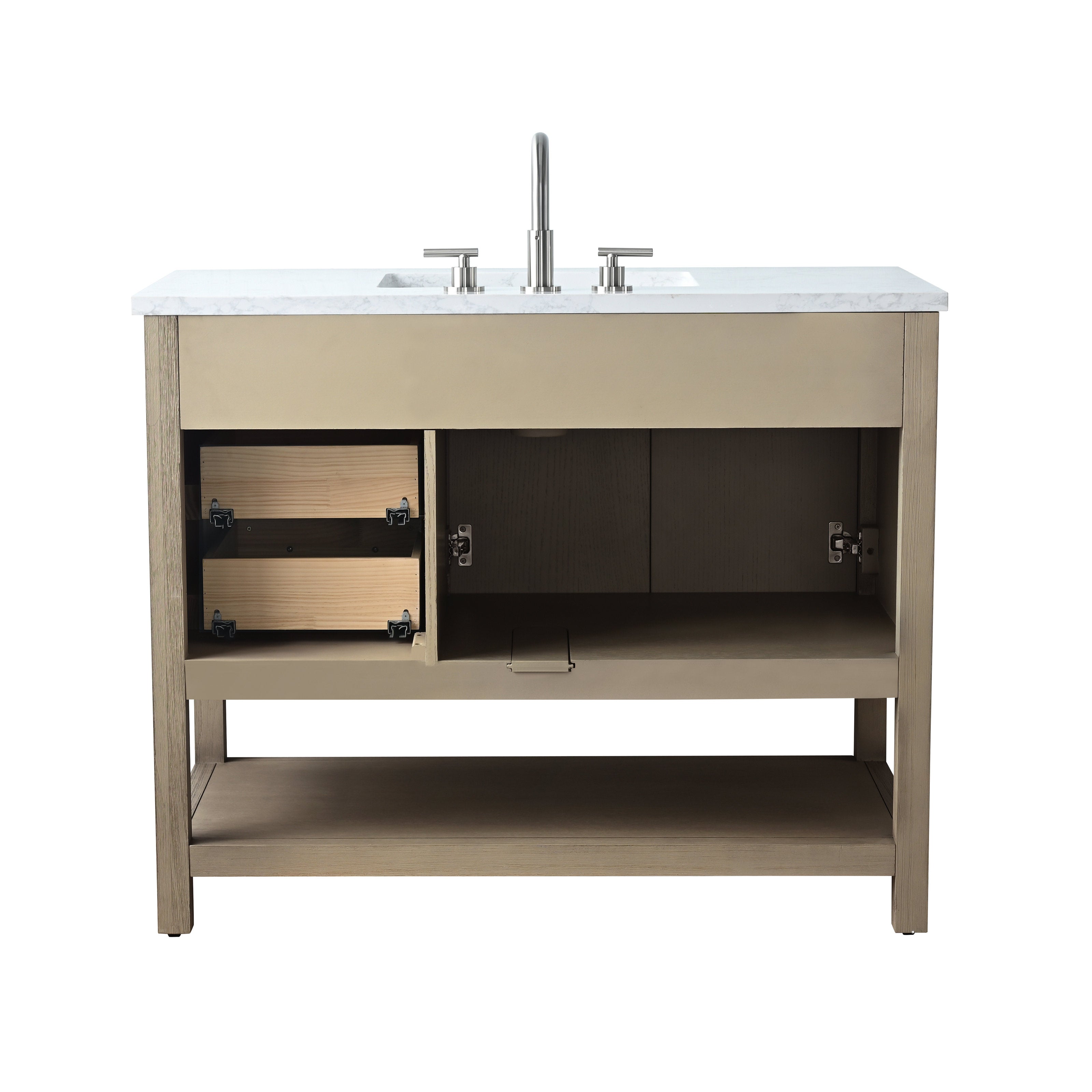 Freestanding 42-inch single-sink bathroom vanity with white marble top, stone-colored solid wood base, open lower shelf, left-side internal drawers and a chrome widespread faucet.