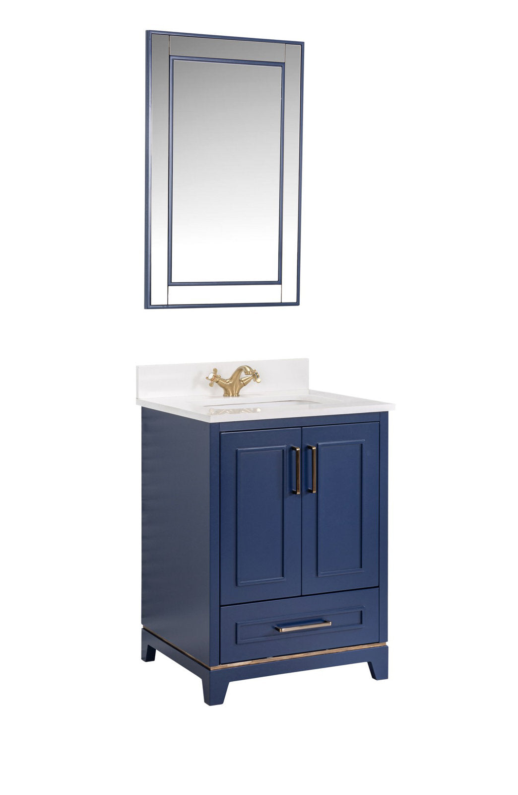 Wall-mounted rectangular mirror above a freestanding modern solid wood single-sink vanity in navy blue with a white stone countertop and integrated ceramic sink, brass-tone faucet, two doors and a bottom drawer.