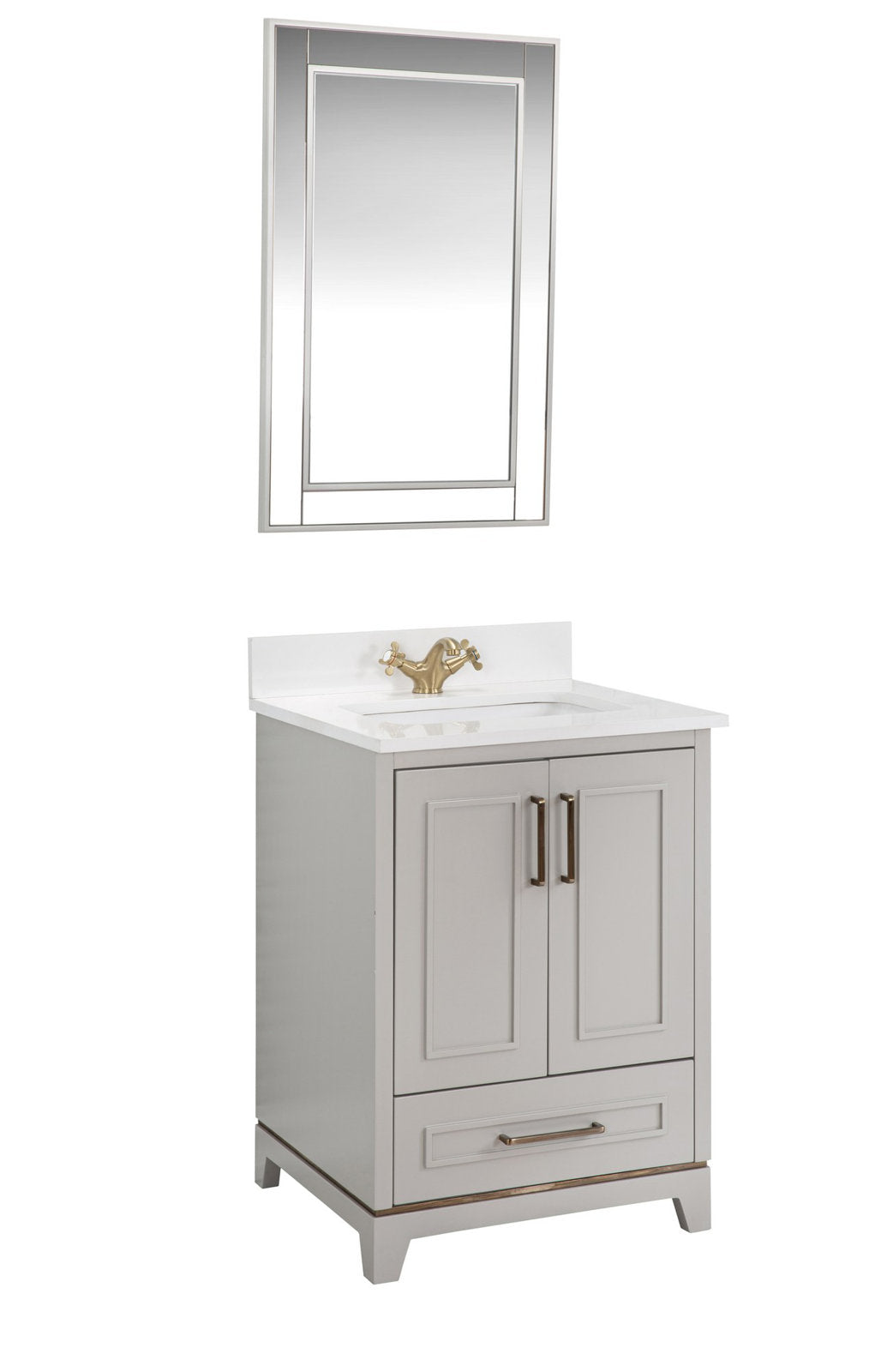 Modern solid wood single-sink bathroom vanity in stone finish with white stone top and integrated rectangular sink, brass faucet, two-door cabinet with bottom drawer, shown with a rectangular framed mirror above.