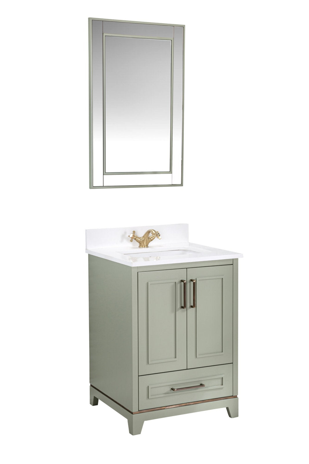 Modern stone-colored solid wood single-sink vanity with white stone countertop and integrated basin, brushed brass faucet, two-door cabinet and lower drawer, shown with a matching rectangular mirror above.