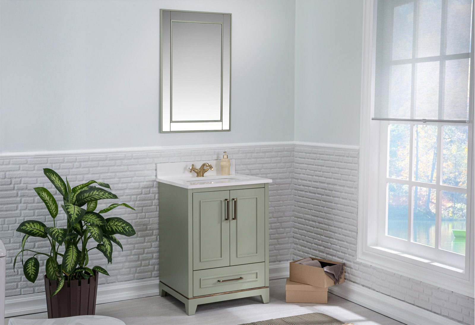 Freestanding modern solid wood single-sink bathroom vanity in stone with a white stone countertop and gold faucet, two-door cabinet and lower drawer; rectangular mirror above, potted plant to the left and window with boxes to the right.