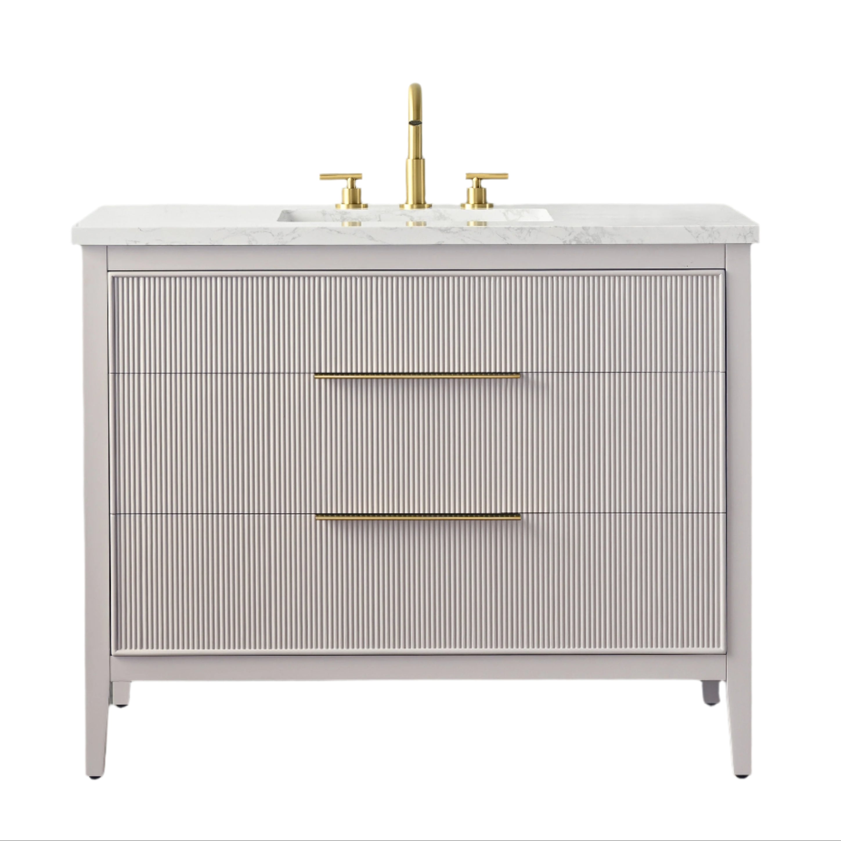 Front view of a modern single-sink solid wood bathroom vanity in stone finish with vertical fluted drawer fronts, white stone countertop with integrated ceramic sink, and gold-brass faucet with matching slim horizontal pulls.