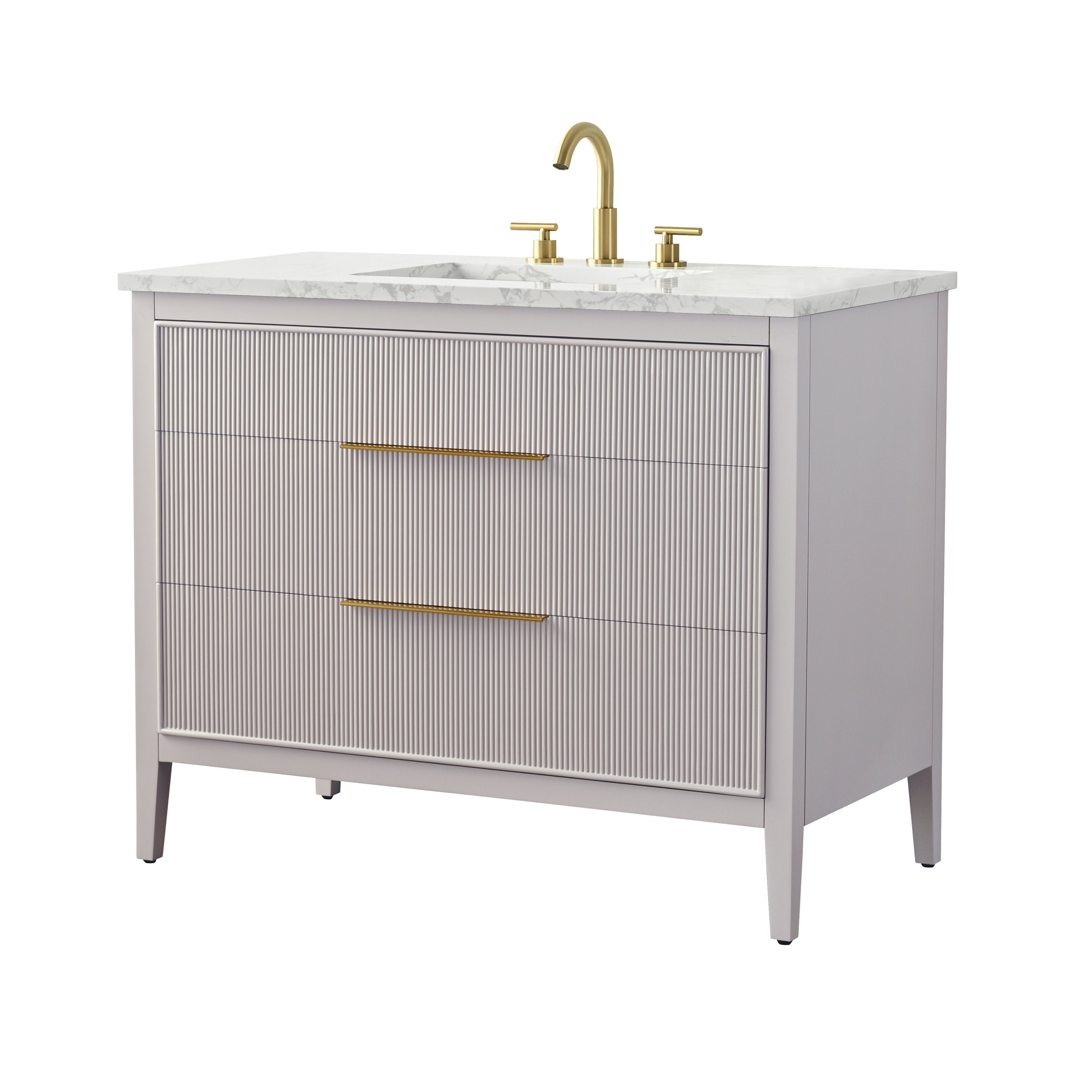 Freestanding 42-inch modern single-sink bathroom vanity in stone-colored solid wood with a white marble-look stone top, integrated sink, fluted drawer fronts and brass-finish faucet and long brass bar pulls.