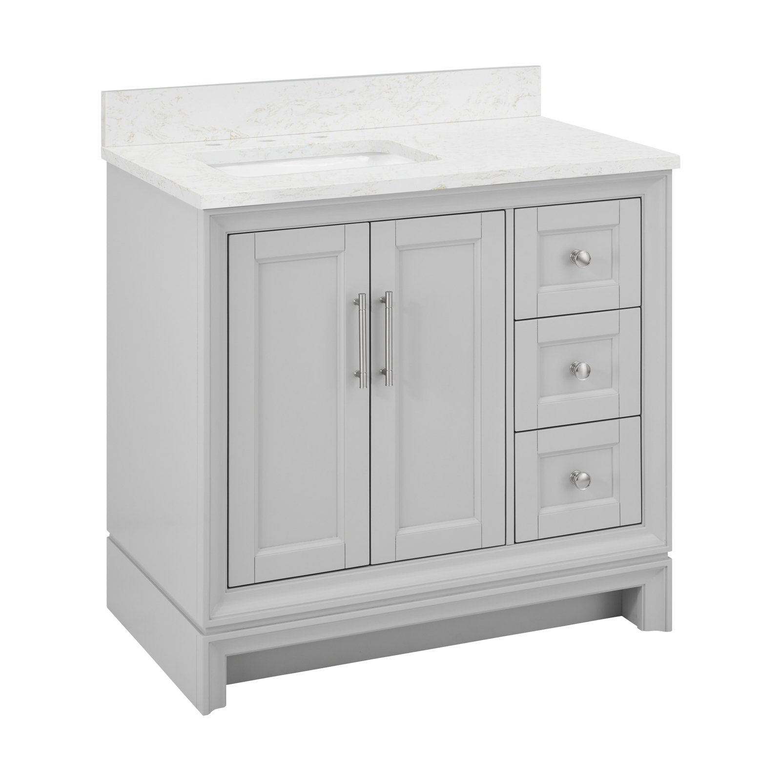 36-inch modern single-sink bathroom vanity in a stone finish with a solid wood base, white stone countertop and integrated rectangular sink, two center cabinet doors and three right-side drawers with metal hardware.