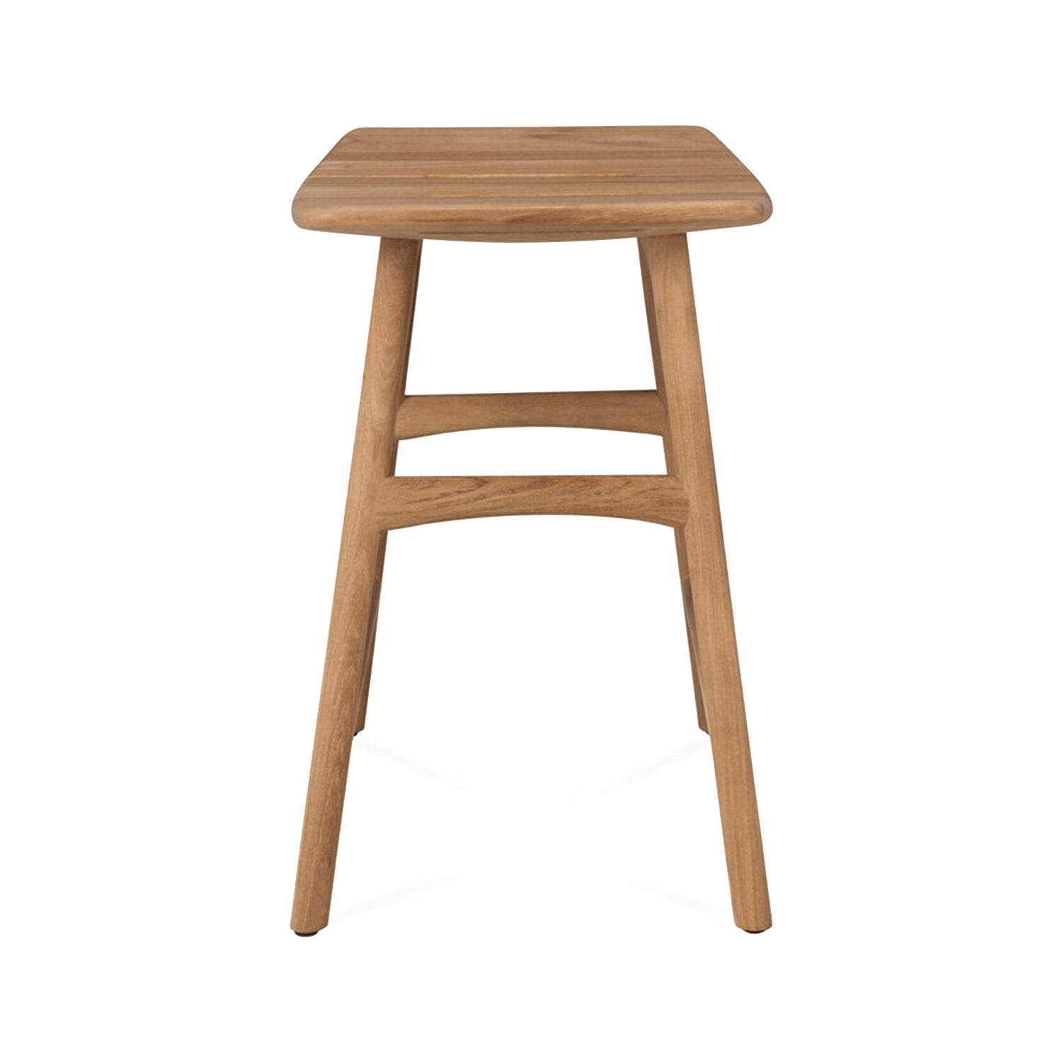 Front view of a backless solid teak shower stool with a contoured square seat, tapered legs and two arched stretchers in a natural teak finish, minimalist coastal-contemporary design.
