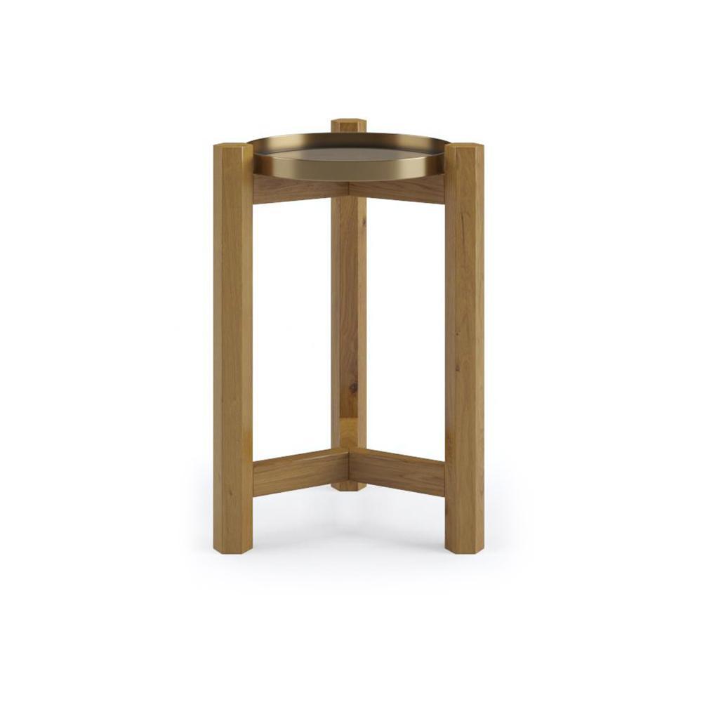 Contemporary teak tripod side table with solid wood legs and a round gold-brass tray top with raised rim, shown on a clean white background.