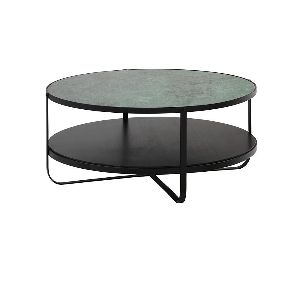 Round modern coffee table with a green marble top, slender black metal frame and a lower black wooden shelf shown on a white background.