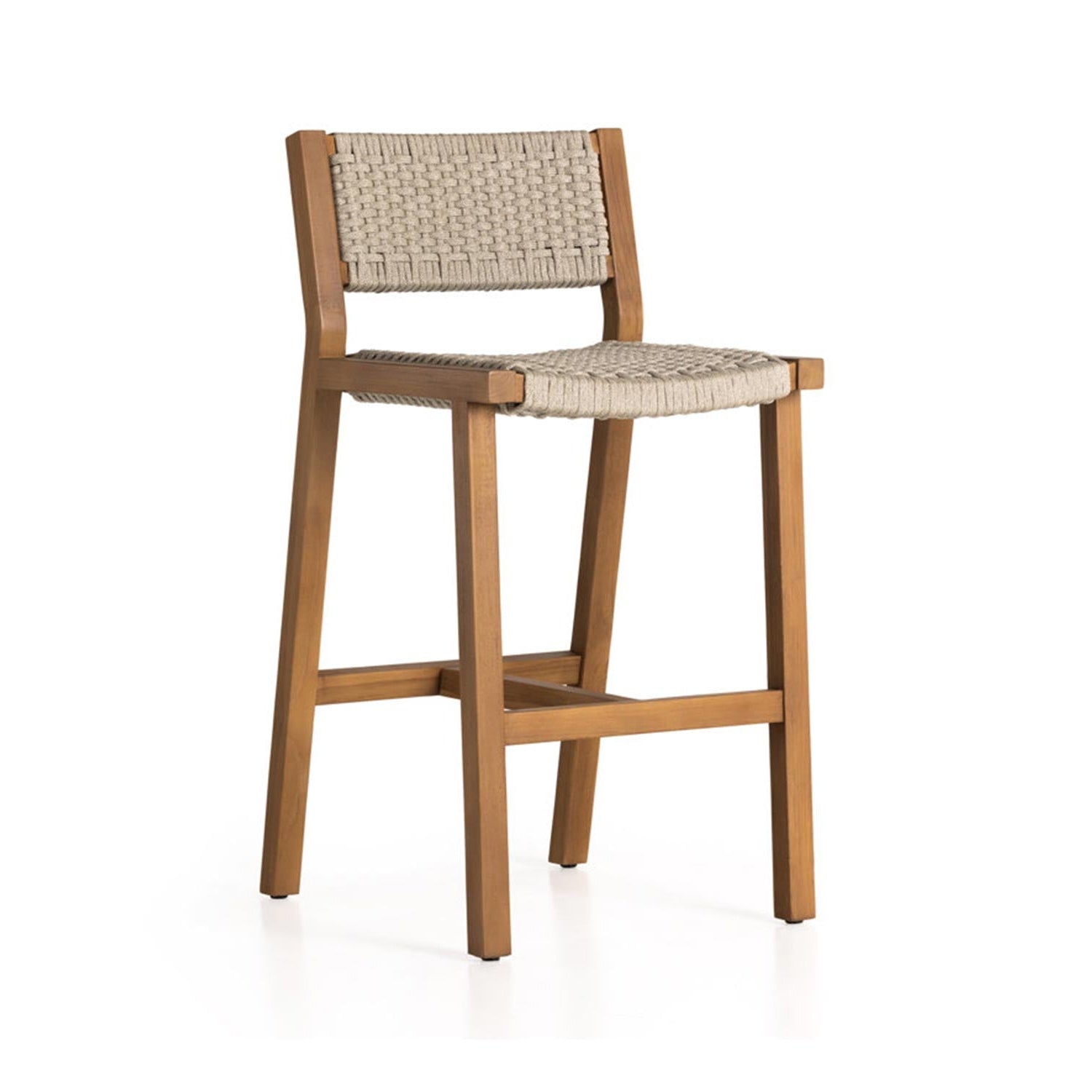 Armless outdoor bar stool with a natural teak solid-wood frame and neutral woven rope seat and back, straight legs and integrated footrest in a coastal style.