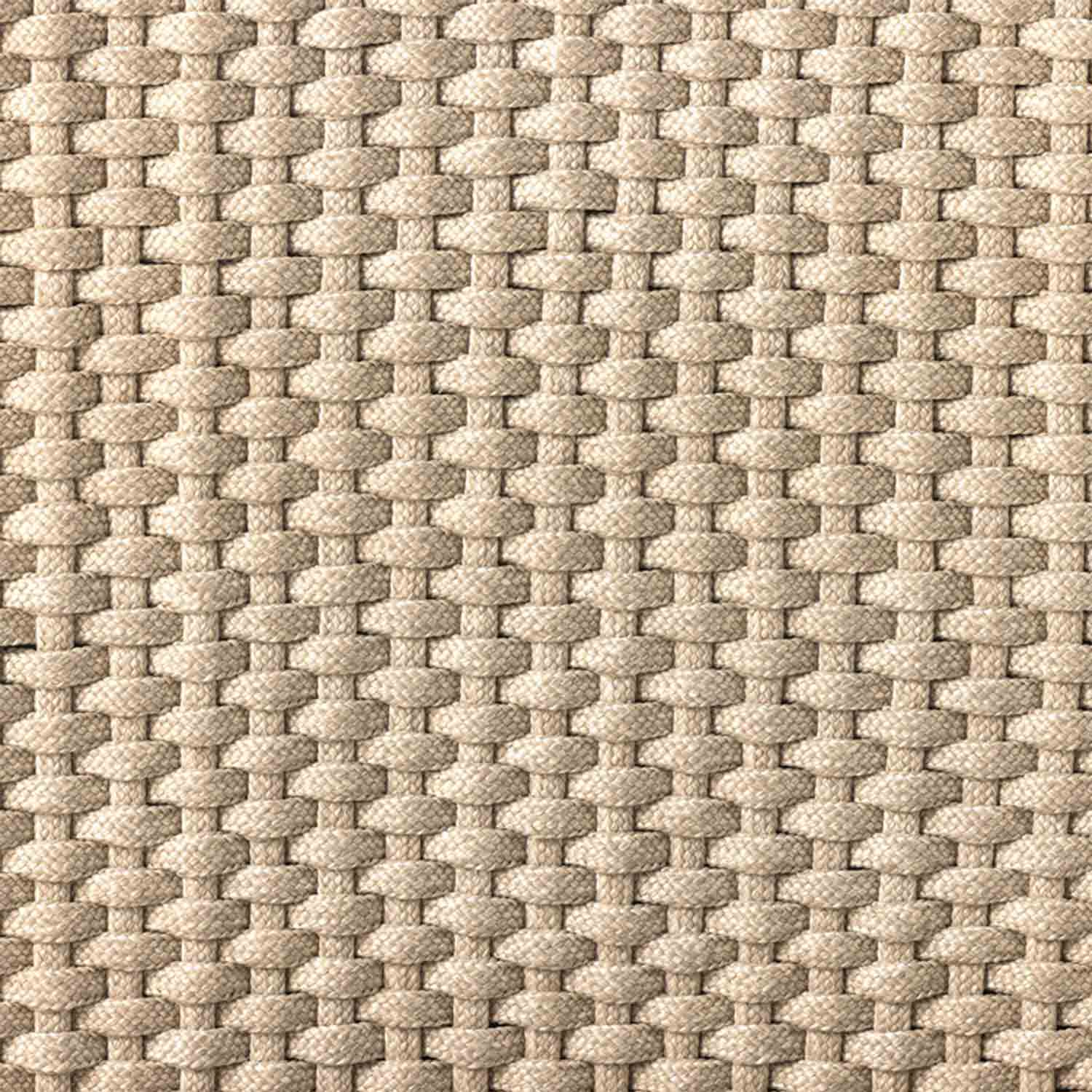 Close-up of a natural teak woven seat showing beige braided rope in a tight basket weave, highlighting the textured coastal outdoor bar stool finish.