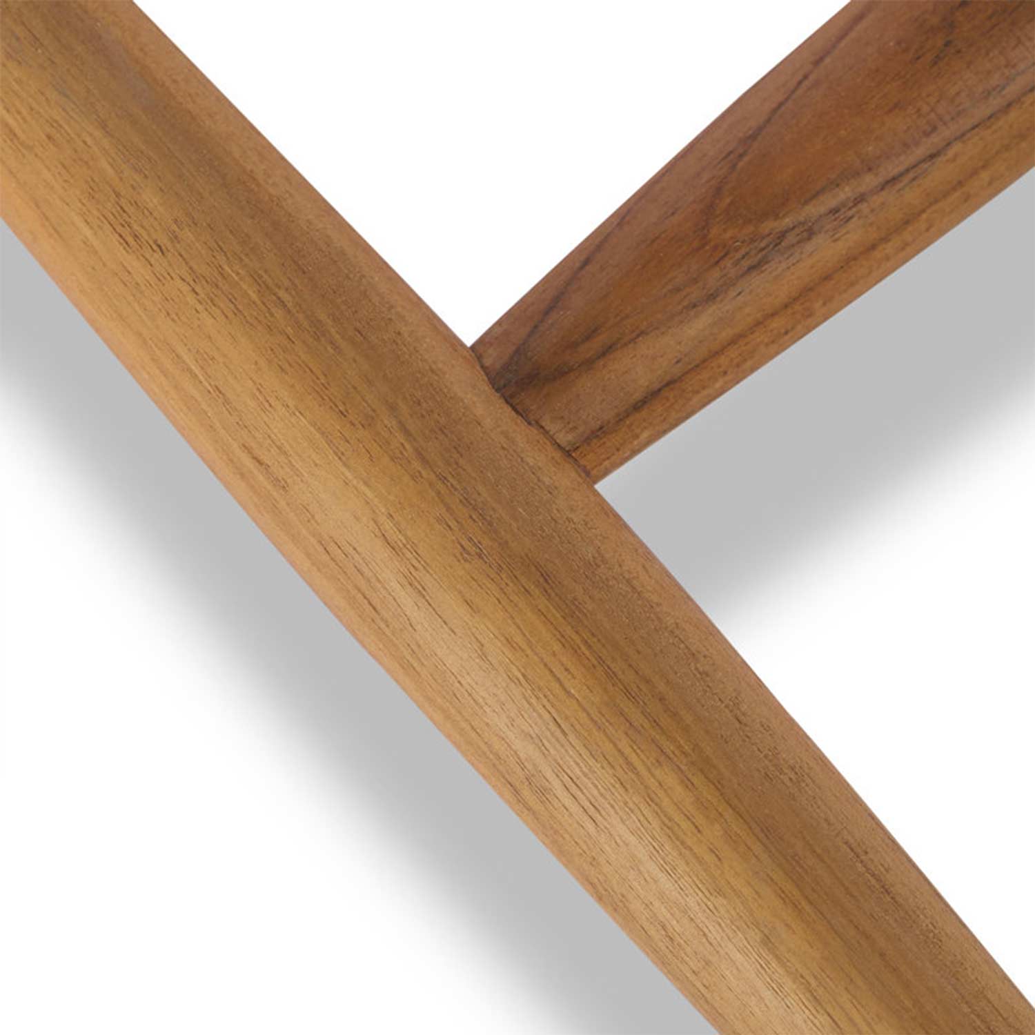 Close-up of intersecting teak wood legs and cross brace showing warm teak color, natural wood grain and smooth finish on an outdoor armless bar stool.