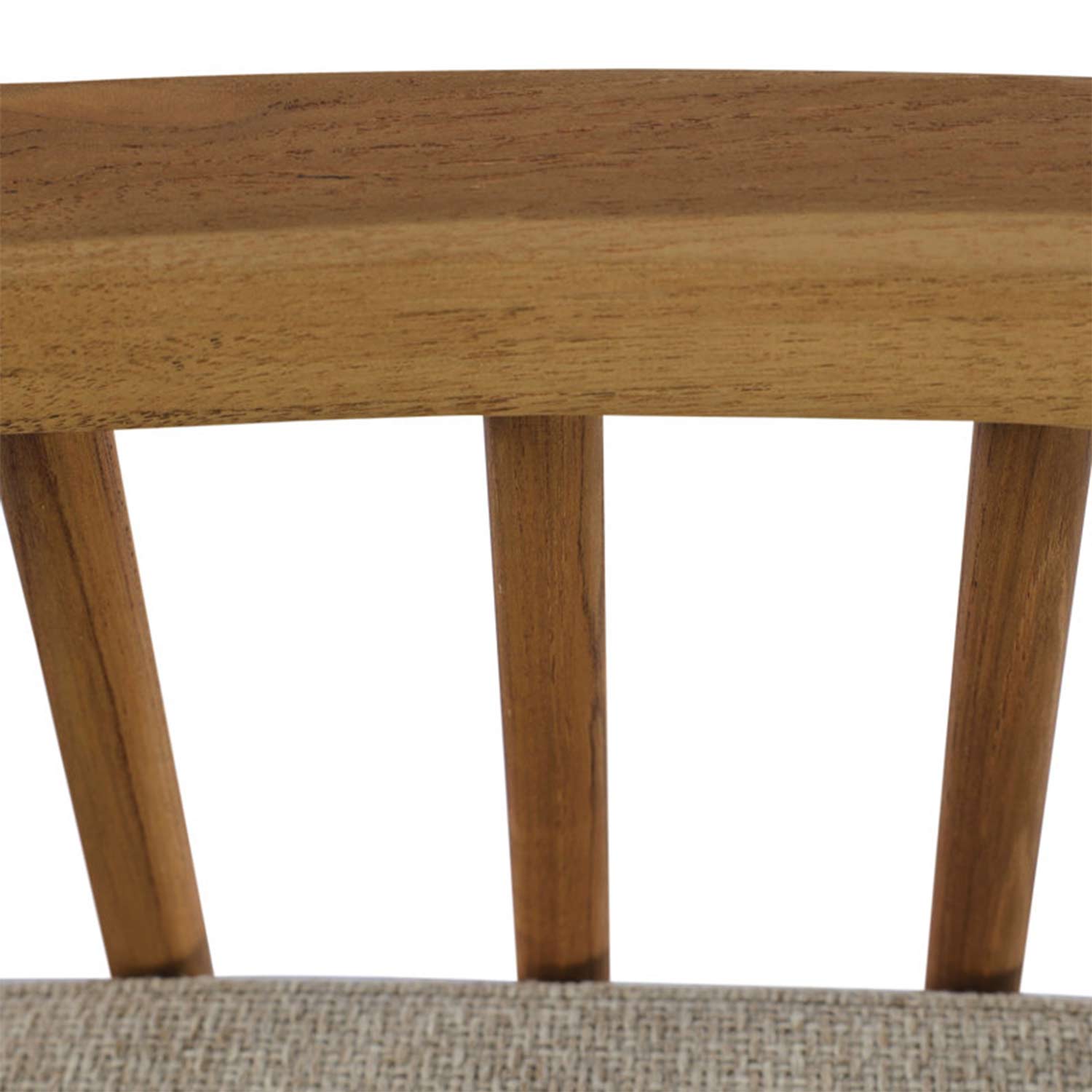 Close-up of a teak wood bar stool back with three vertical slats and a light beige upholstered seat cushion, showing natural teak grain in a coastal contemporary outdoor style.