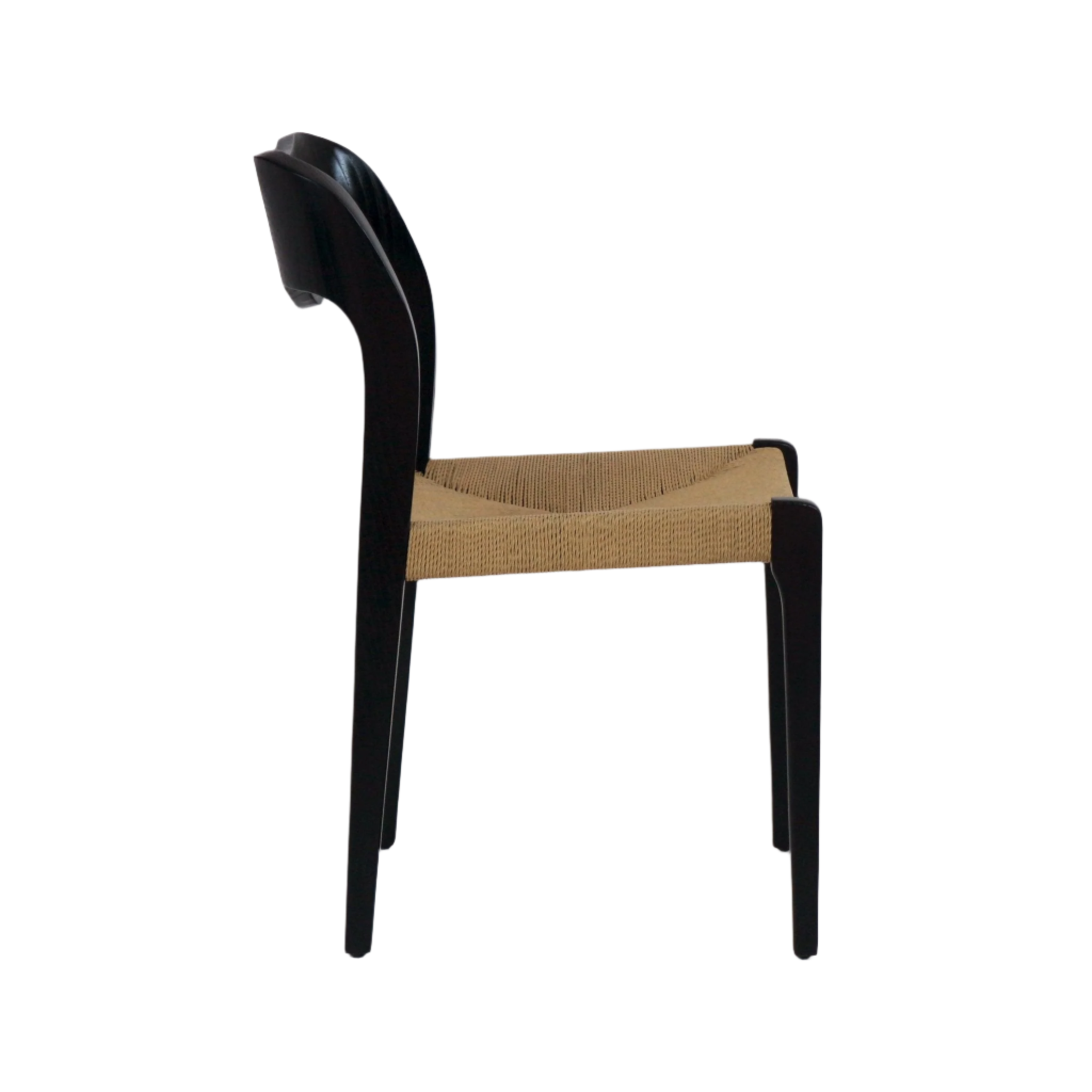 Side profile of an armless mid-century modern teak dining chair with an espresso-black wooden frame and natural woven rope seat, featuring a curved backrest and slim tapered legs.