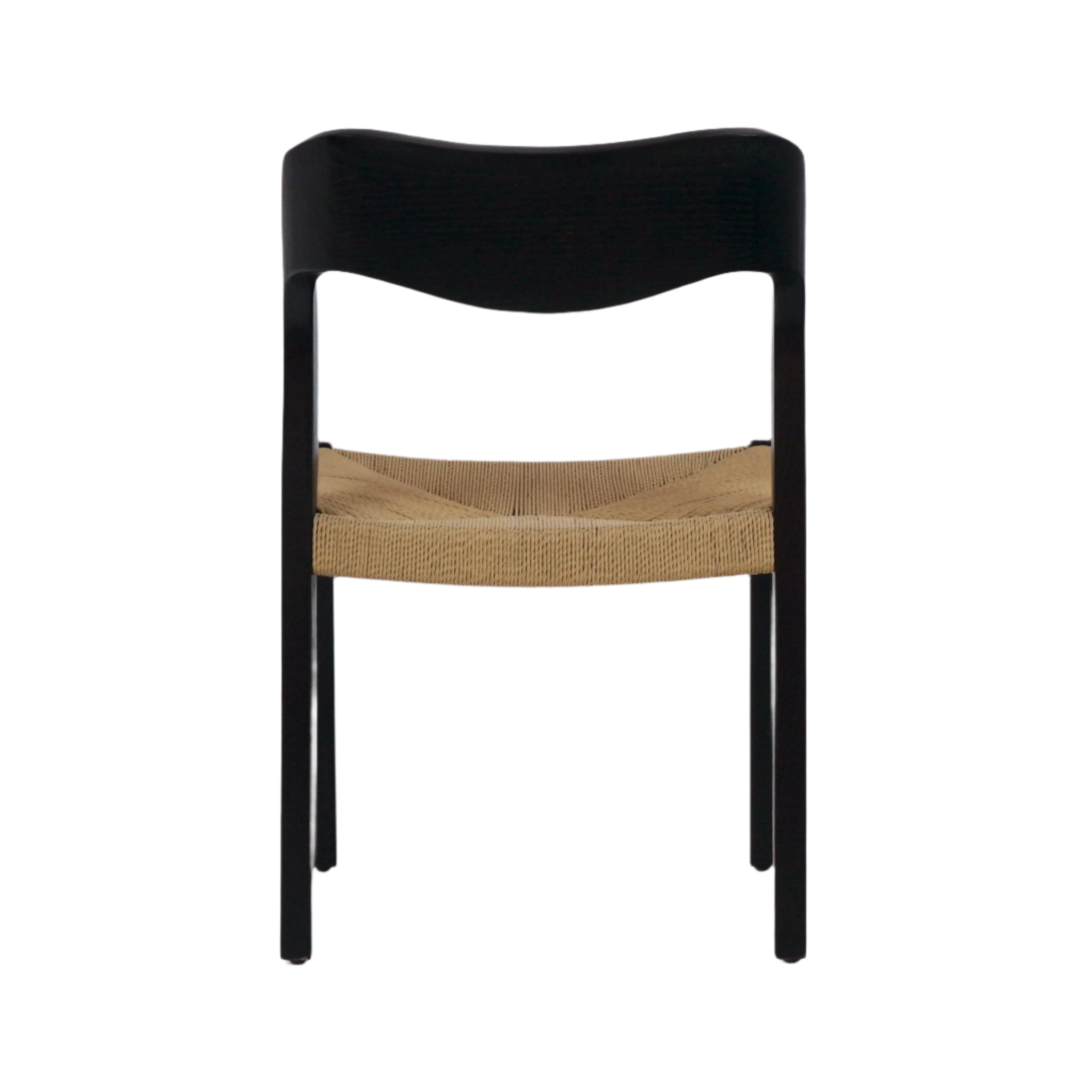 Front view of an armless mid-century dining chair with a black teak solid-wood frame and curved backrest, featuring a natural woven rope seat