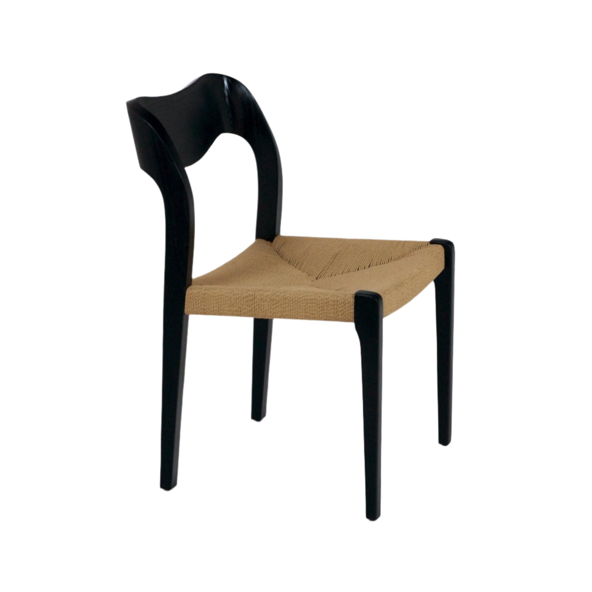 Side view of a mid century modern teak dining chair with a black solid wood frame and tan woven natural-fiber seat, featuring a curved armless backrest and tapered legs.