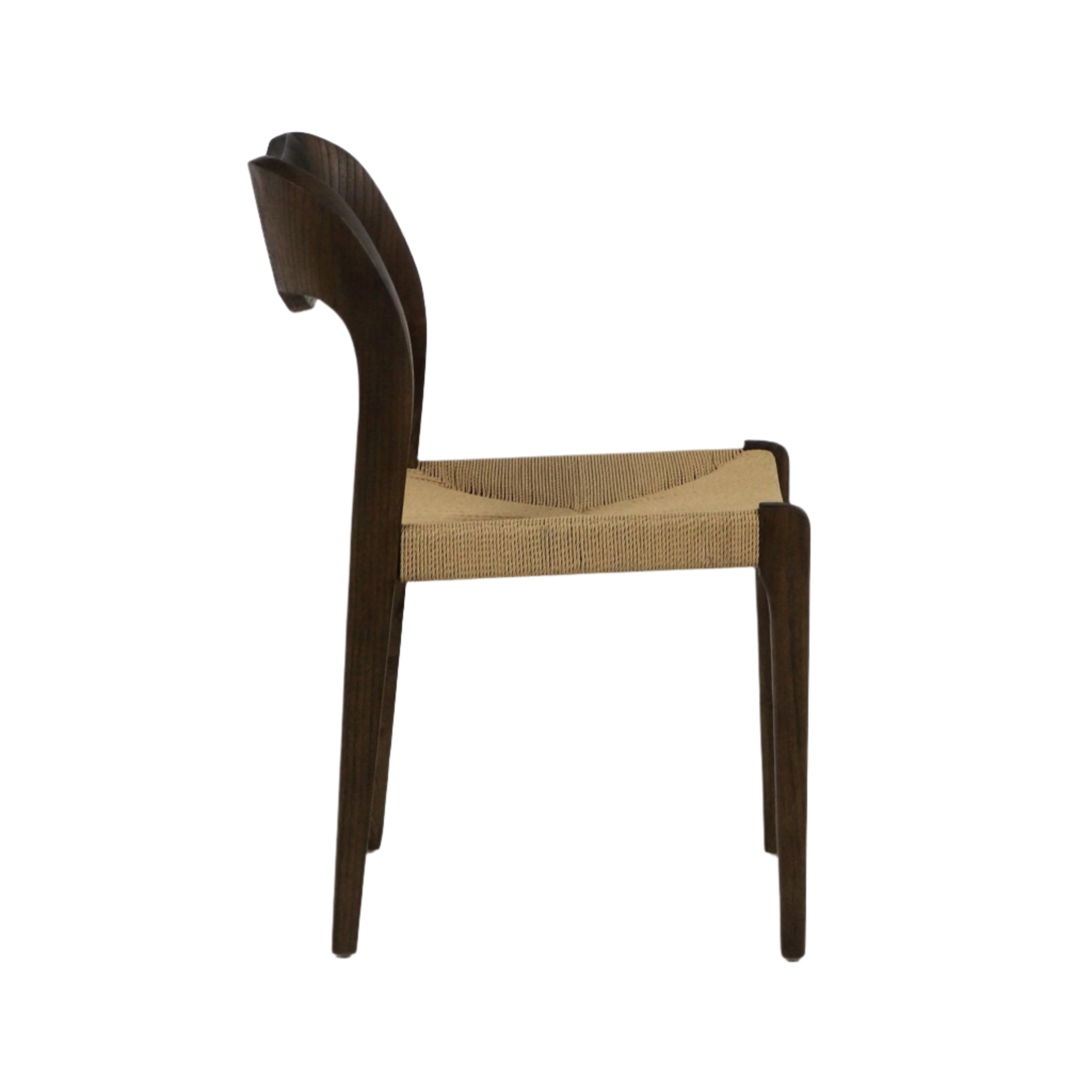 Side profile of an armless mid-century modern dining chair in teak with a dark espresso solid wood frame and natural woven rope seat, curved backrest and tapered legs shown on a white background.