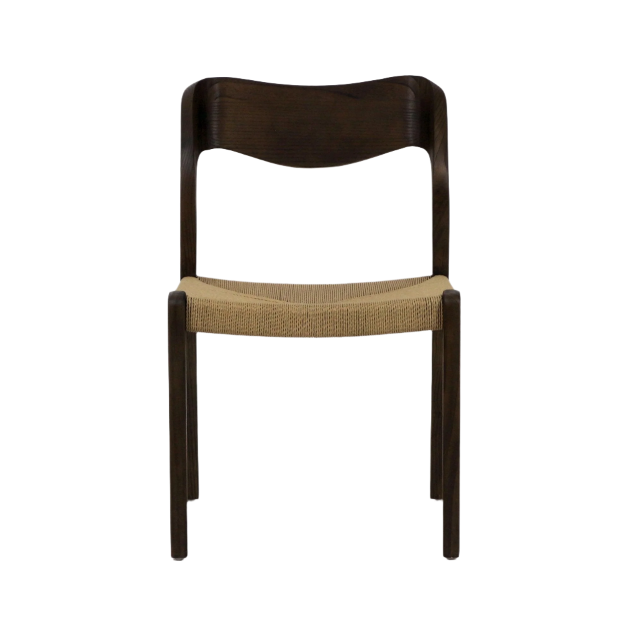 Front-facing mid-century modern armless dining chair with a dark teak/espresso solid wood frame and curved arched back, topped with a natural woven rattan/rope seat.