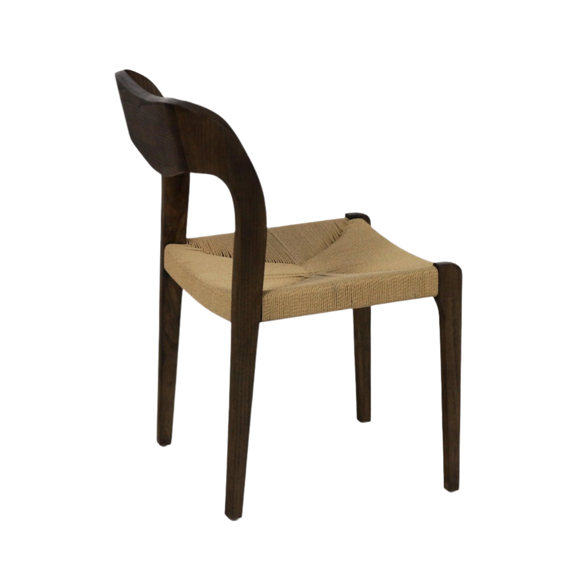 Armless teak dining chair with dark espresso solid-wood frame, sculpted mid-century backrest and a natural woven rope seat.