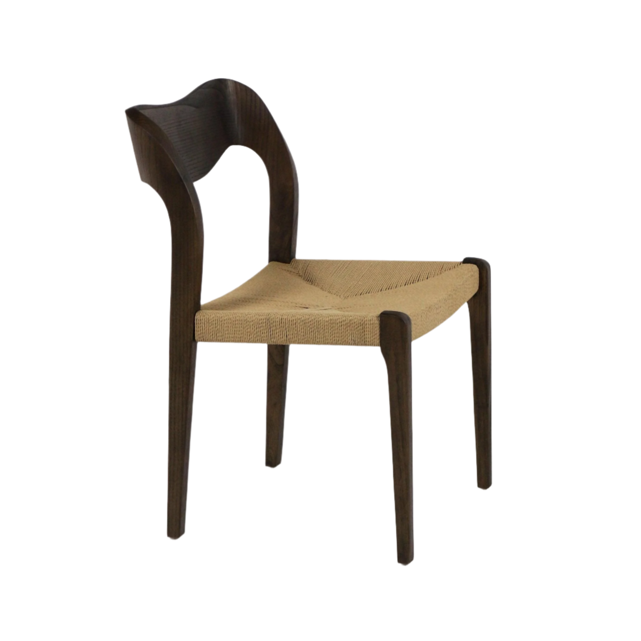 Armless teak dining chair with an espresso solid wood curved back and tapered legs, featuring a natural woven rope seat in a mid-century modern Scandinavian style.