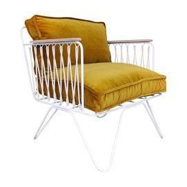 Contemporary white metal rope-frame lounge chair with mustard-yellow fabric seat and back cushions, angled hairpin legs and teak arm caps.