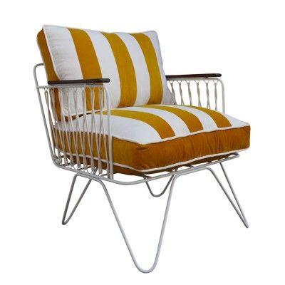 Modern upholstered lounge chair with a white metal frame, teak arm caps and yellow-and-white striped fabric seat and back cushions, rope-side detailing and angled metal legs.