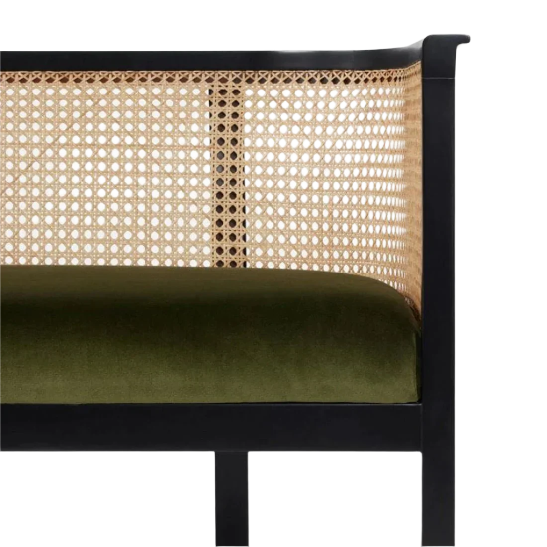 Close-up of an entryway sofa corner showing an olive green upholstered seat cushion, natural woven rattan cane back and a matte black wooden frame with arm and leg.