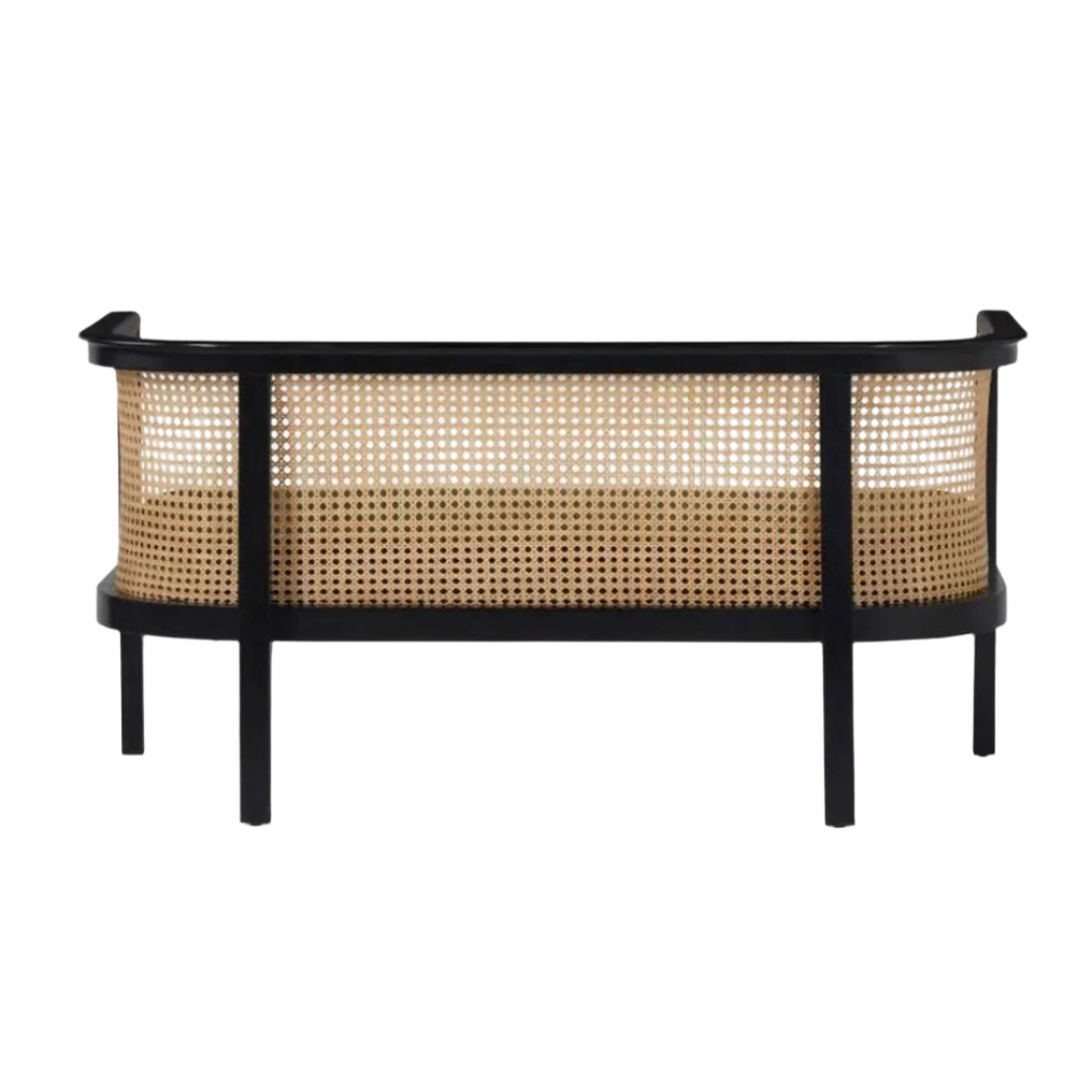 Curved entryway sofa with a natural rattan cane back set in a black wooden frame with slender black legs and a low upholstered seat, shown on a white background.