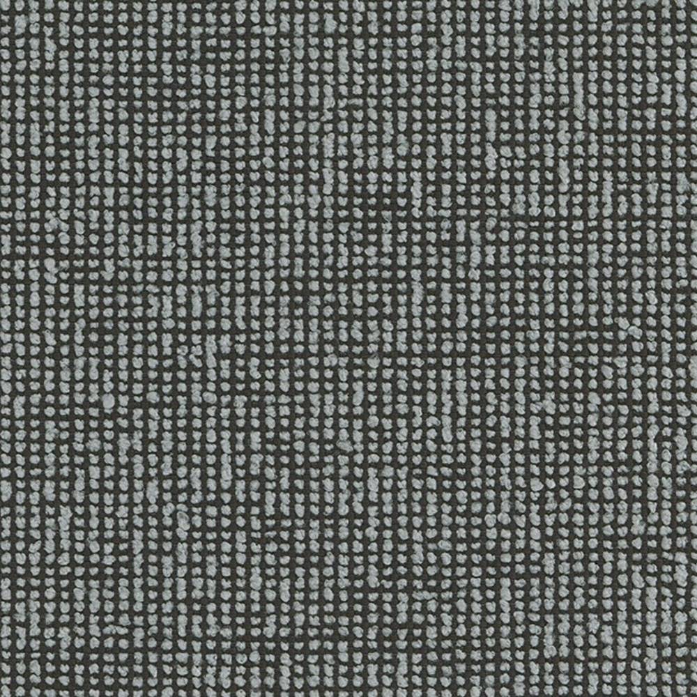 Close-up of 100% polyester upholstery fabric showing a dense grid of small beige-gray looped dots on a dark charcoal ground, a textured heavy-duty weave suitable for sofas and indoor furniture.