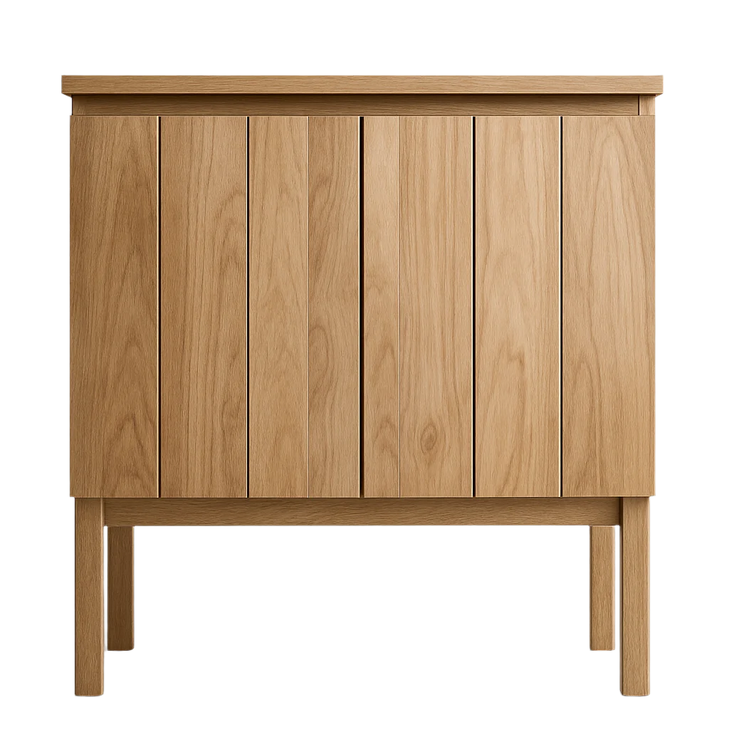 Front view of a 31-inch modern bathroom vanity in natural teak solid wood with vertical slatted cabinet doors, recessed top edge and four slender legs for a freestanding contemporary look.