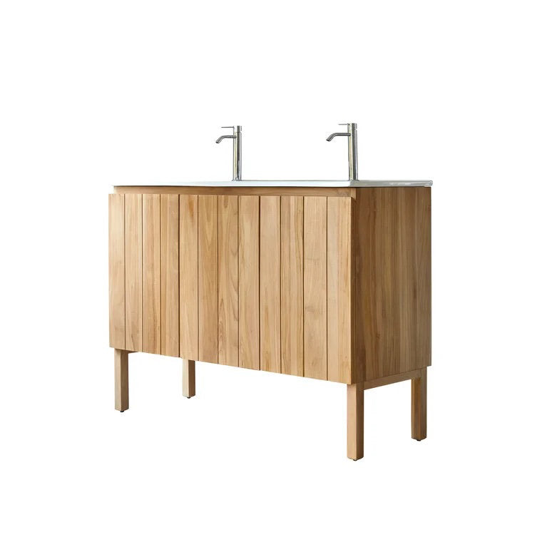 Freestanding modern 48-inch solid wood double-sink bathroom vanity with vertical slatted natural wood front, stone countertop and two chrome single-handle faucets on slender square legs.