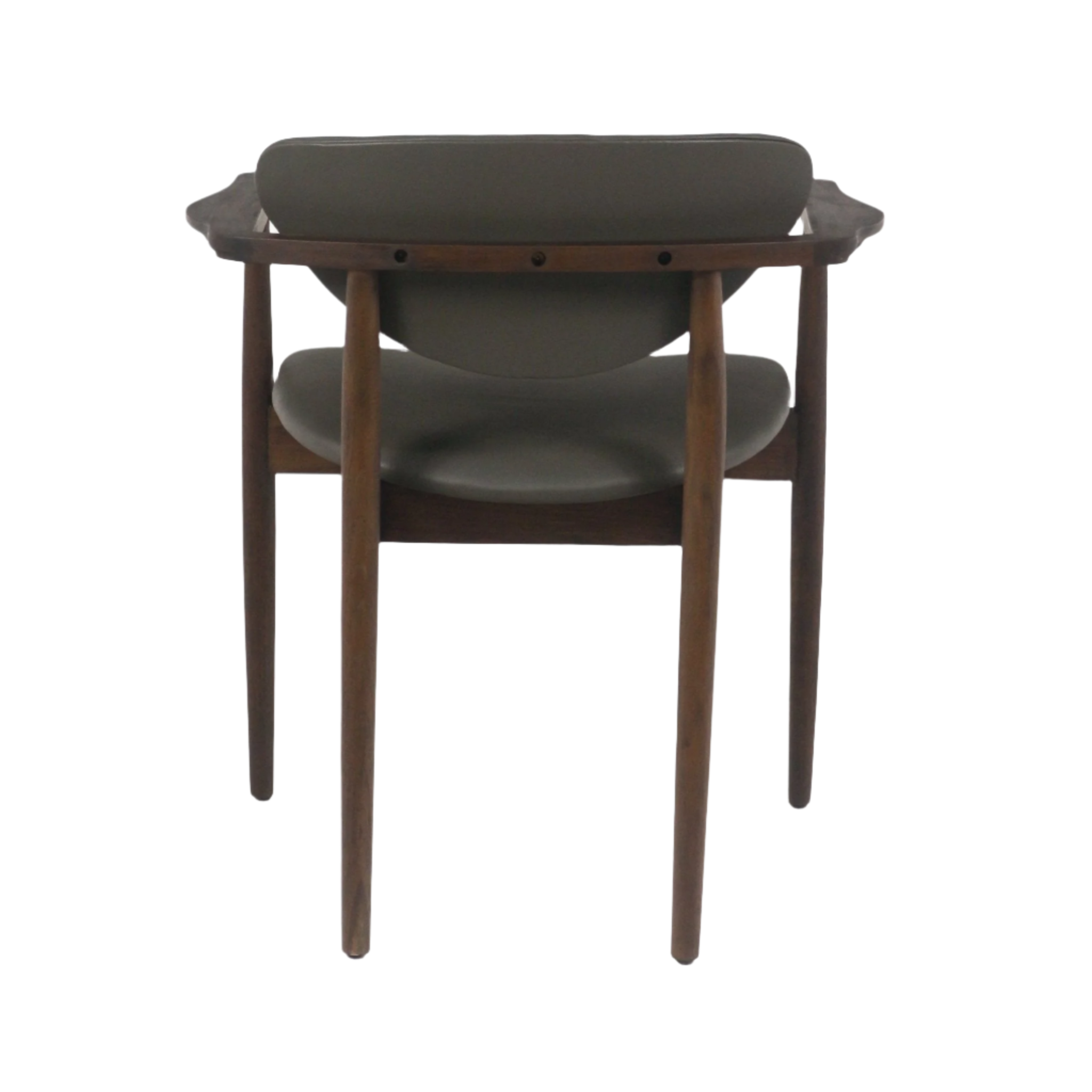 Rear view of a mid-century modern dining chair with a teak/walnut wood frame and gray leather upholstered seat and curved backrest, featuring slim tapered legs and integrated arm supports.