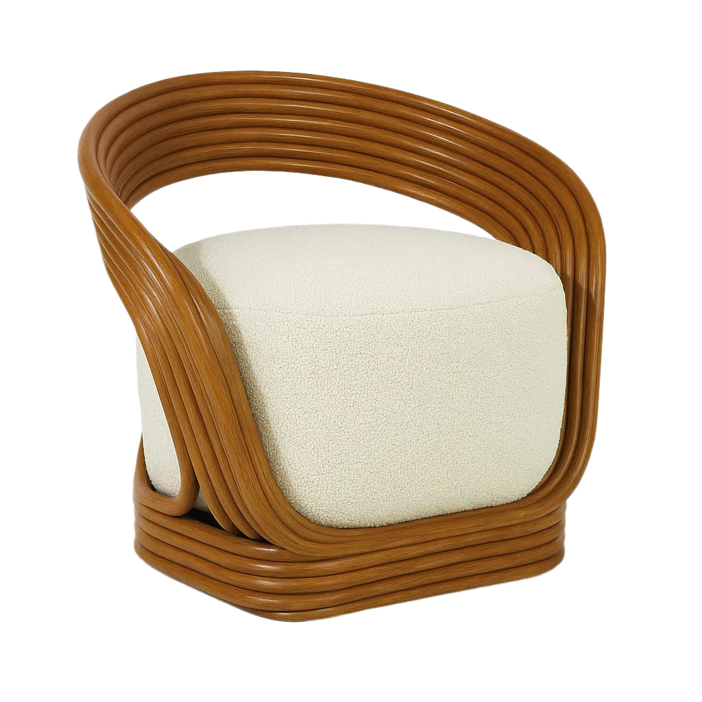 Modern living room accent chair with a honey-brown cane rattan looped frame and a white boucle fabric seat cushion.