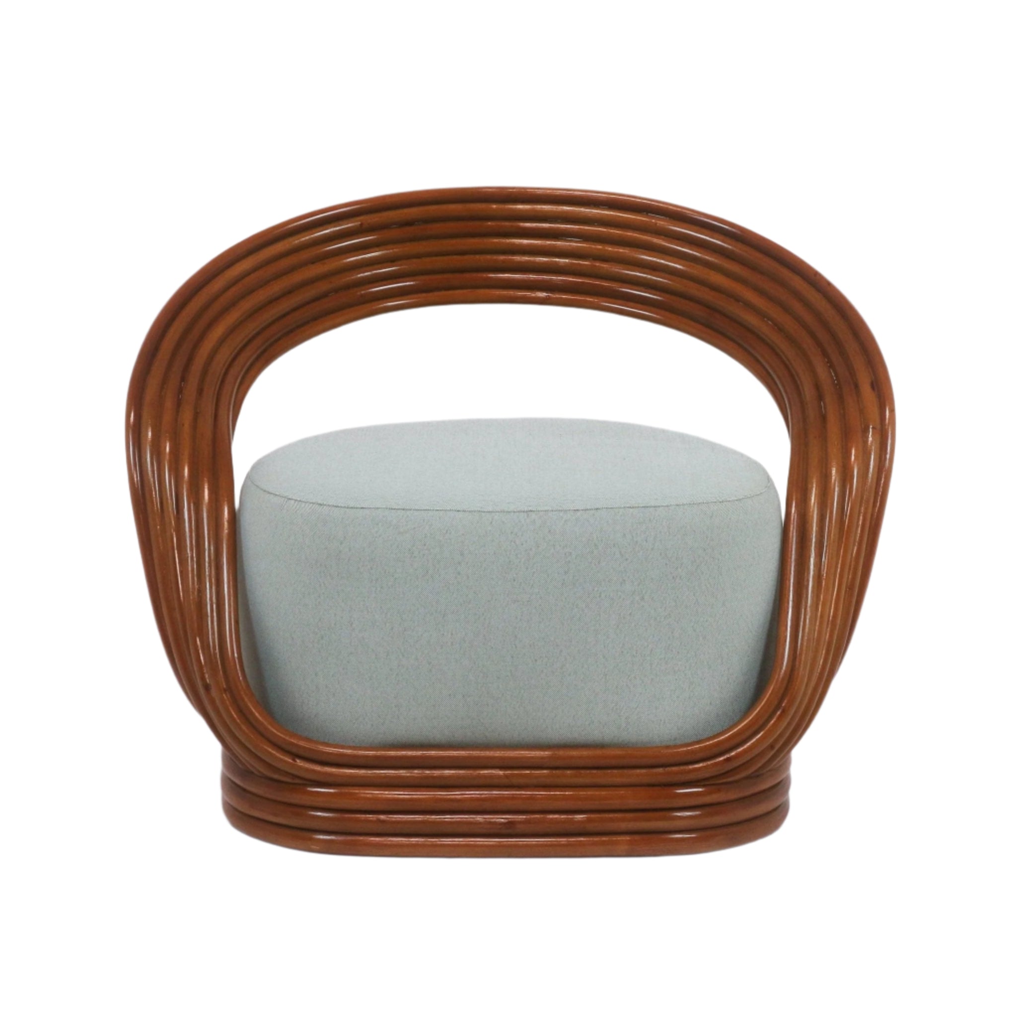Front-facing mid-century modern lounge chair with a rounded brown cane rattan arched frame and a pale green fabric upholstered seat cushion on a white background.