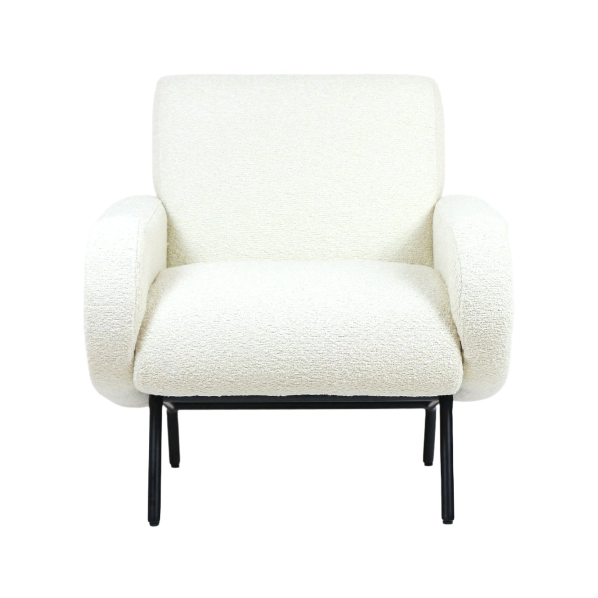 Front view of a modern white boucle fabric arm chair with plush cushioned seat and rounded arms, supported by slim black metal legs.