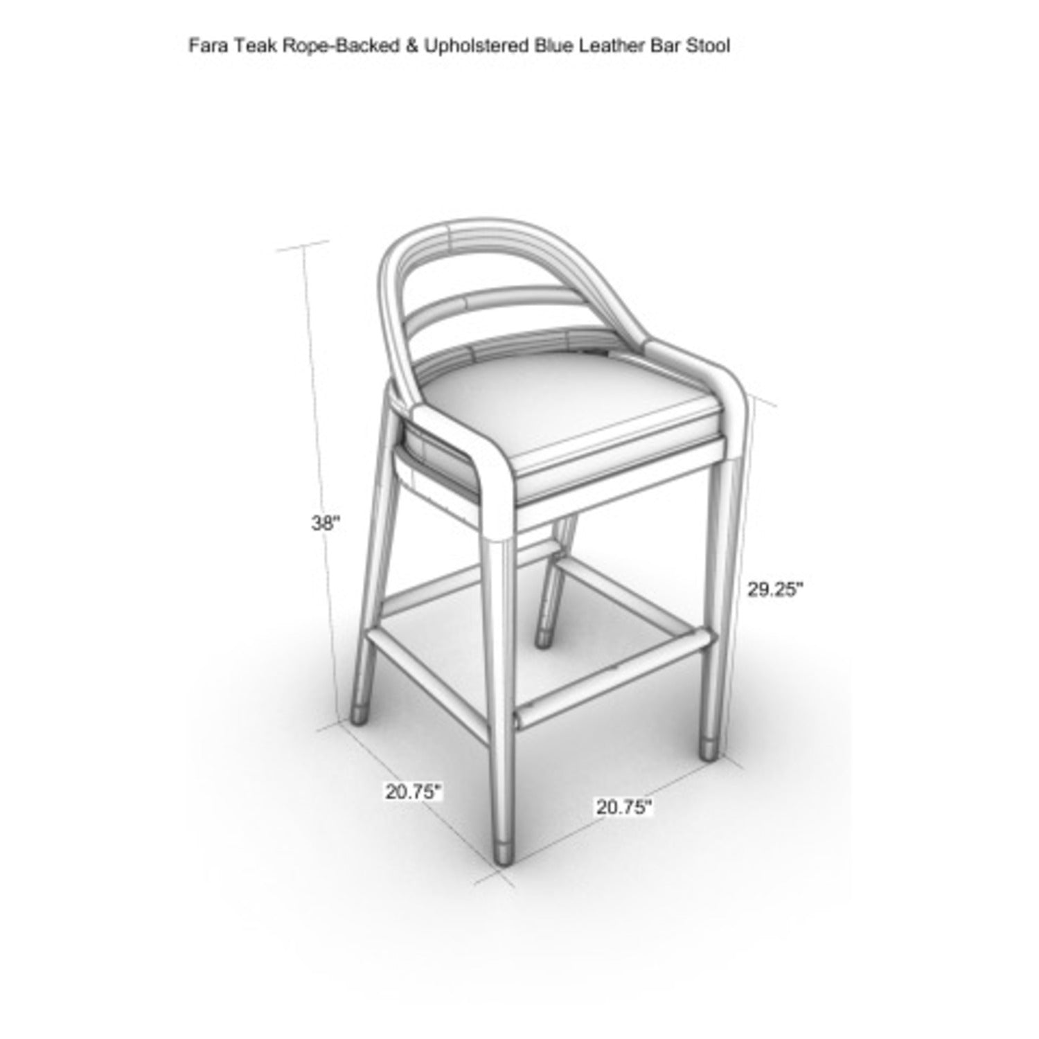 Perspective technical drawing of a teak-framed, rope-backed bar stool with a blue upholstered seat and rounded back; labeled dimensions indicate overall height 38 in, seat height 29.25 in, and 20.75 in width/depth.