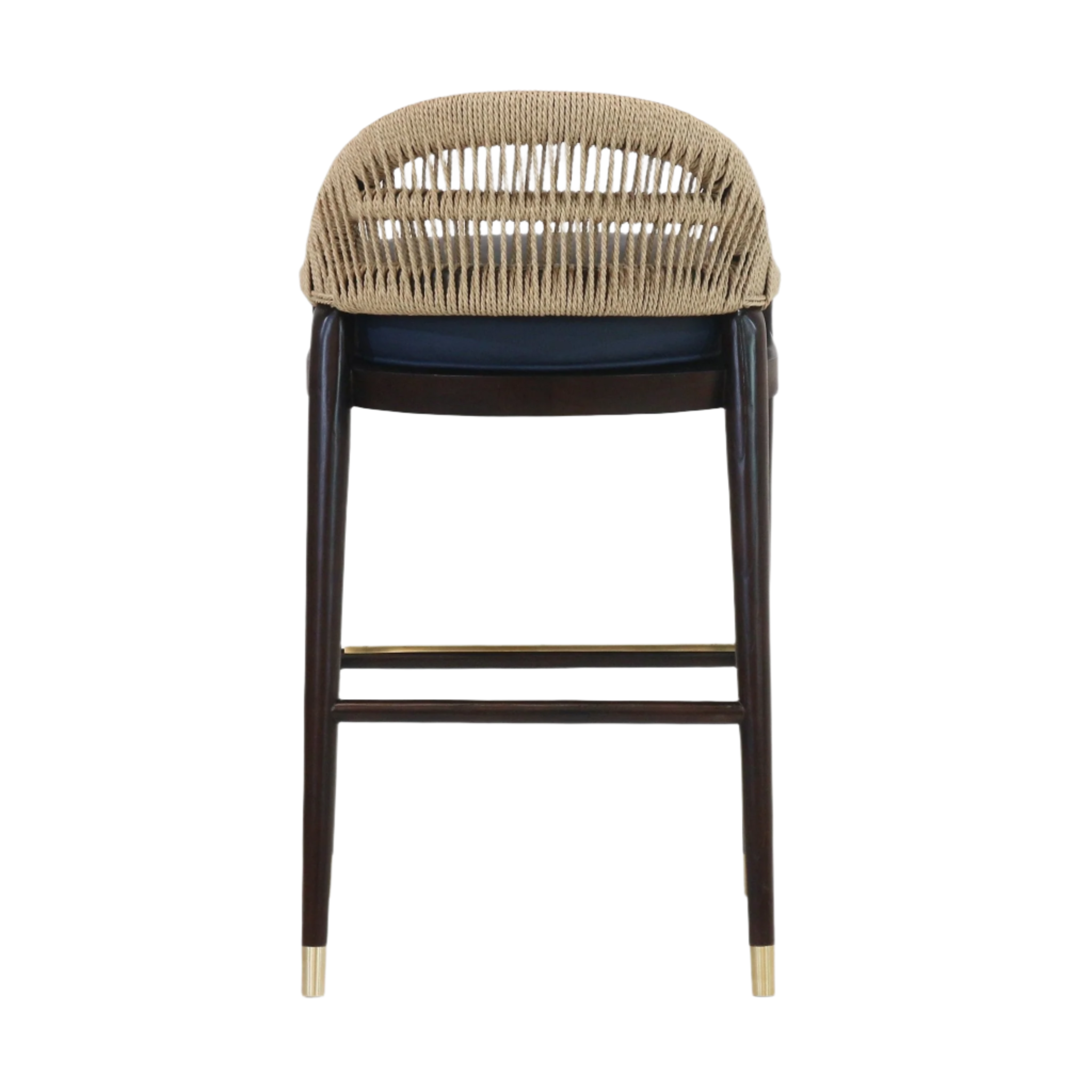 Rear view of a teak bar stool with woven natural rope back, blue leather upholstered seat, dark wood legs, brass footrest and brass-capped leg tips on a white background.