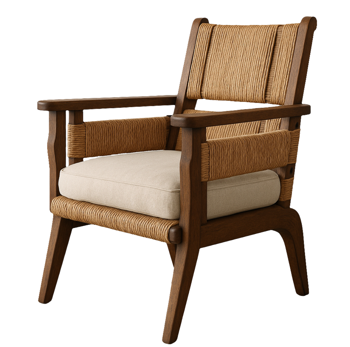 Contemporary reading chair with a dark teak frame, woven seagrass back and arm panels, and a beige upholstered seat cushion.