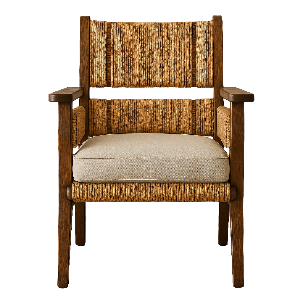 Front-facing teak reading chair with natural seagrass woven back and seat trim, beige upholstered cushion, solid wood frame and flat armrests in a contemporary rustic Scandinavian style.
