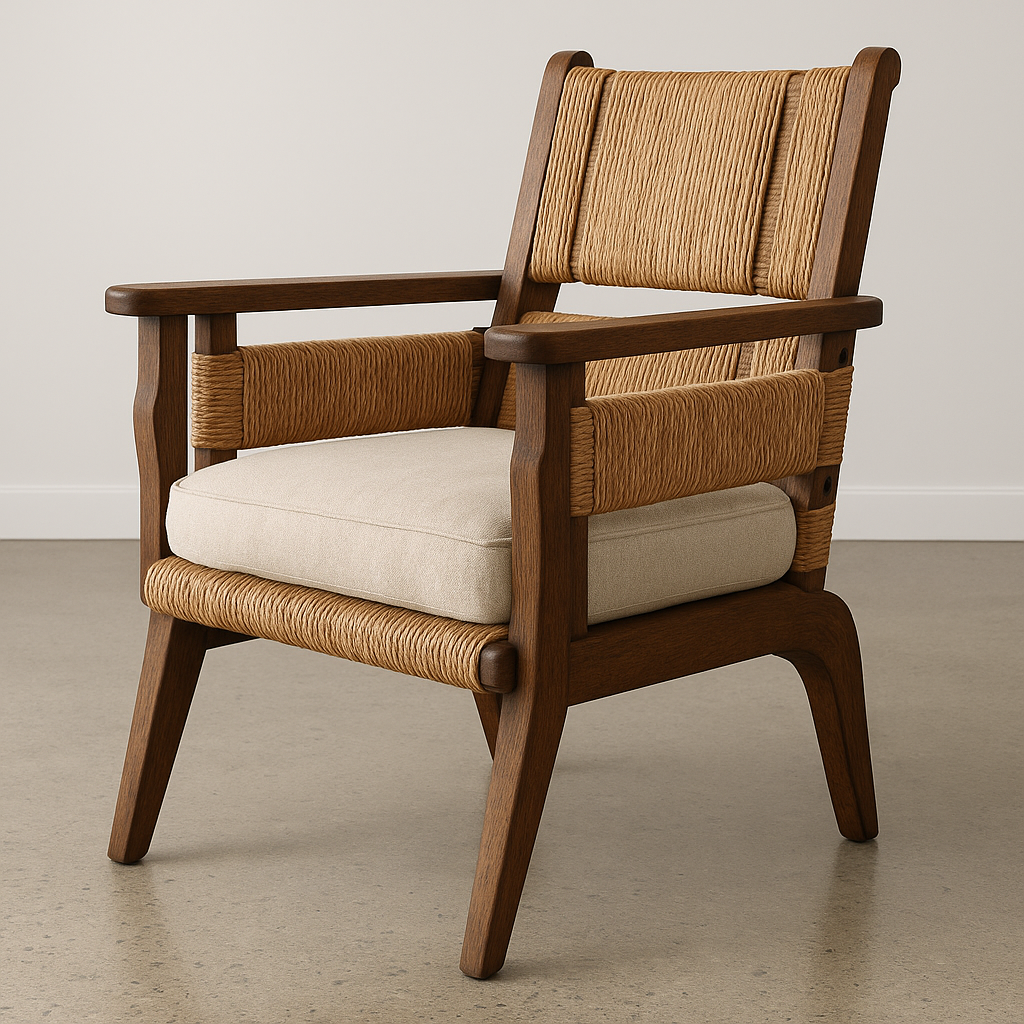 Beige-cushioned reading chair with a warm teak wood frame and woven natural seagrass back and arm wraps, angled legs, and a thick seat cushion set on a neutral floor against a light wall.
