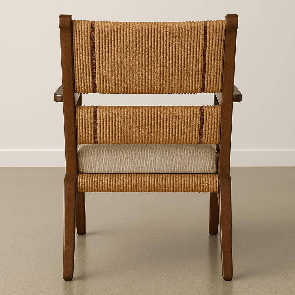 Rear view of a teak wood reading chair featuring two woven seagrass rope back panels, a woven rope lower stretcher and a beige upholstered seat cushion with tapered natural wood legs.