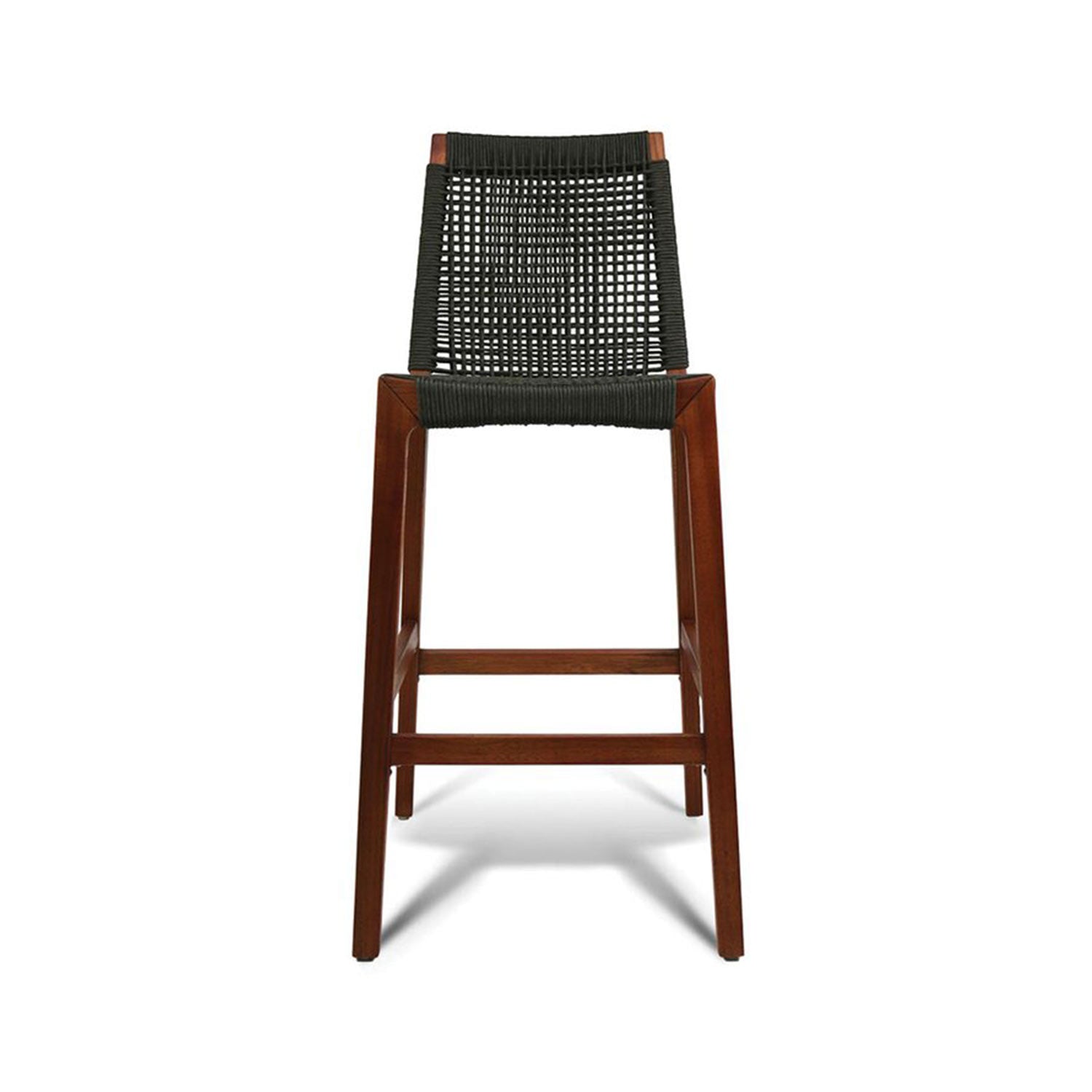 Armless teak outdoor bar stool with solid wood frame and black woven rope seat and open-grid back, tall bar-height legs with integrated footrest.