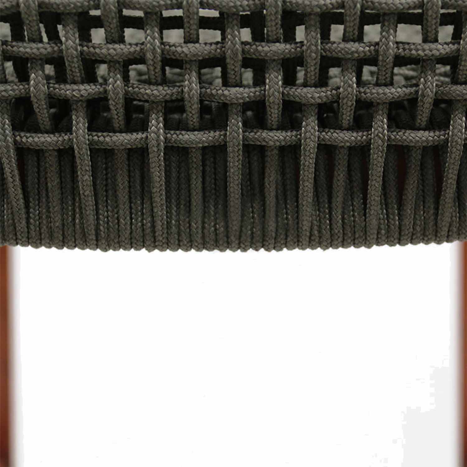 Close-up of a dark gray woven rope seat edge on an armless teak outdoor bar stool, showing tightly wrapped vertical cords, basket-weave pattern, and the top of teak legs.