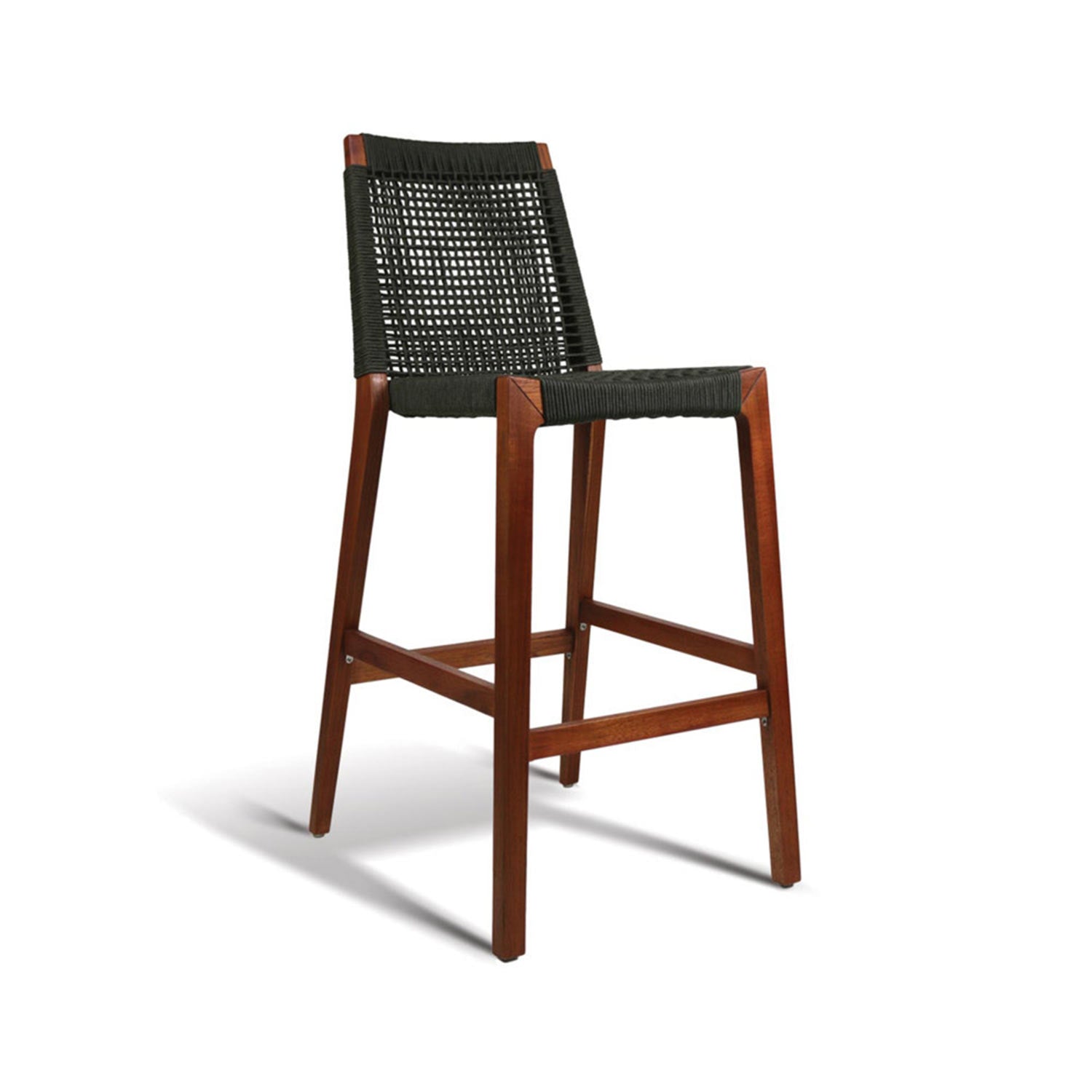 Armless outdoor bar stool with warm teak frame and black woven rope seat and back, tall legs with integrated footrest and a clean coastal-contemporary silhouette.