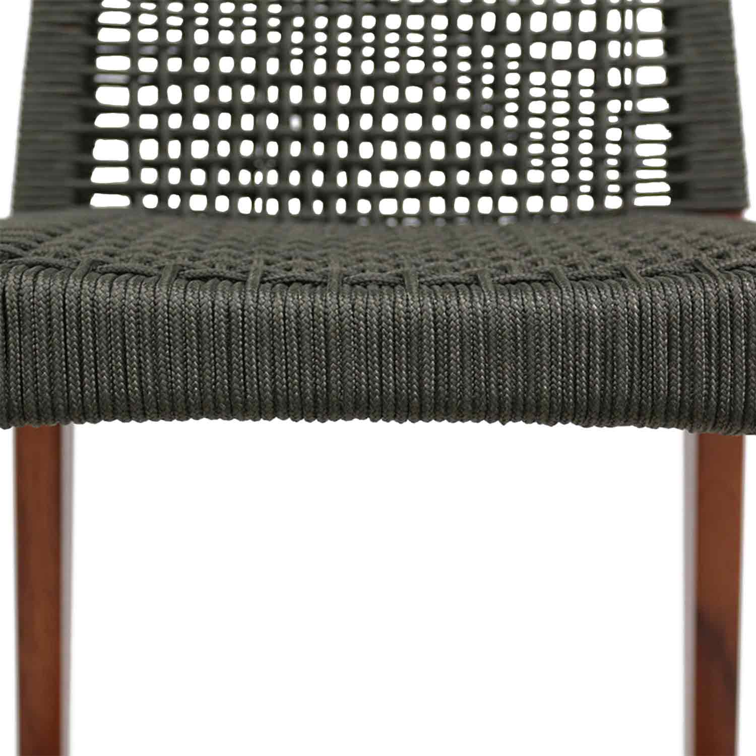 Close-up front view of a dark gray woven rope seat with open-grid rope back and visible teak wood legs, highlighting the braided texture and tight wrapping of an outdoor armless bar stool.