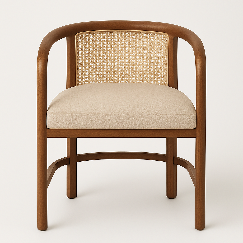 Front view of a natural teak-framed outdoor dining chair with a woven rattan cane back and a beige upholstered fabric seat, rounded curved arms and arched stretcher supports in a modern boho style.